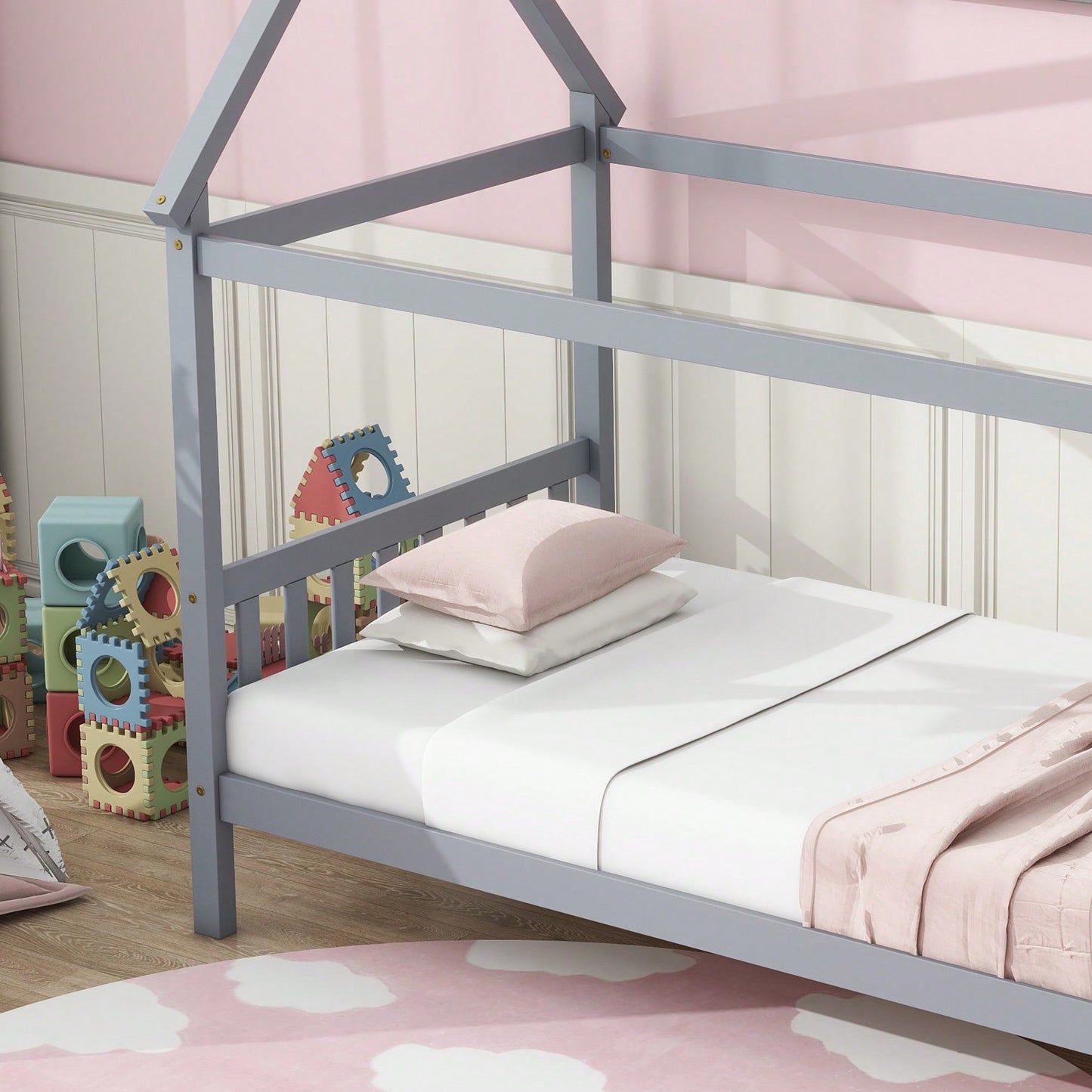 Twin House Bed With Headboard And Footboard In White Rubber Wood Frame