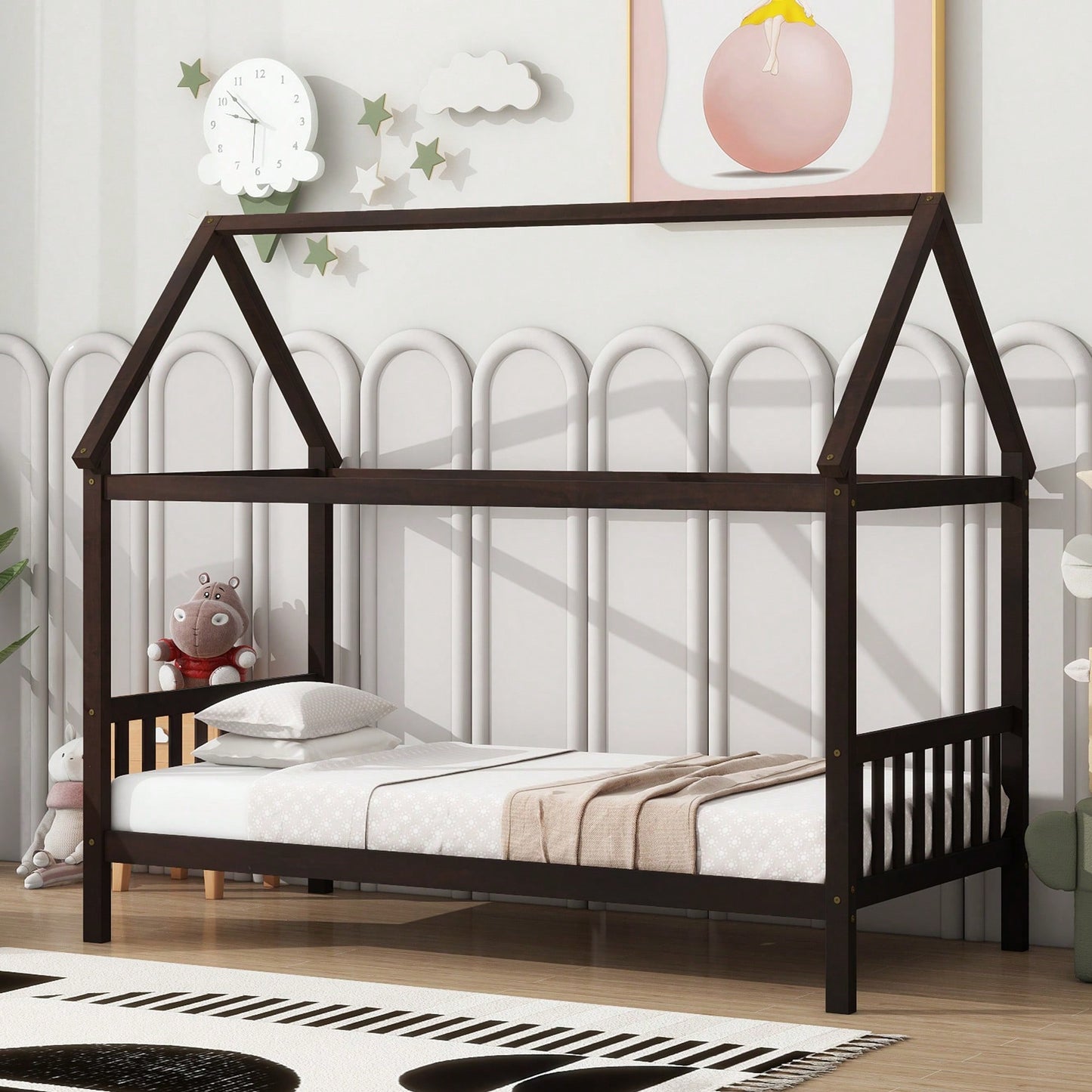 Twin House Bed With Headboard And Footboard In White Rubber Wood Frame