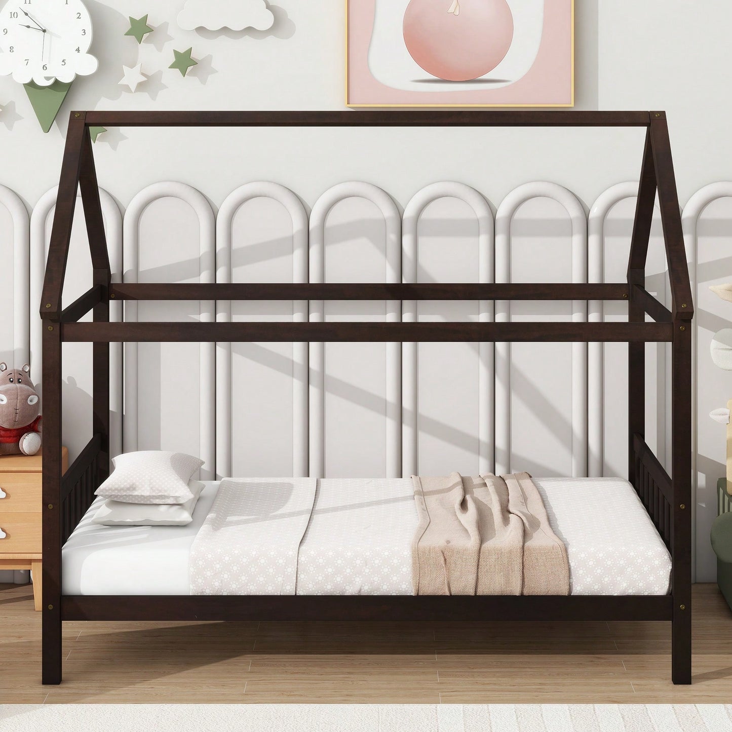 Twin House Bed With Headboard And Footboard In White Rubber Wood Frame