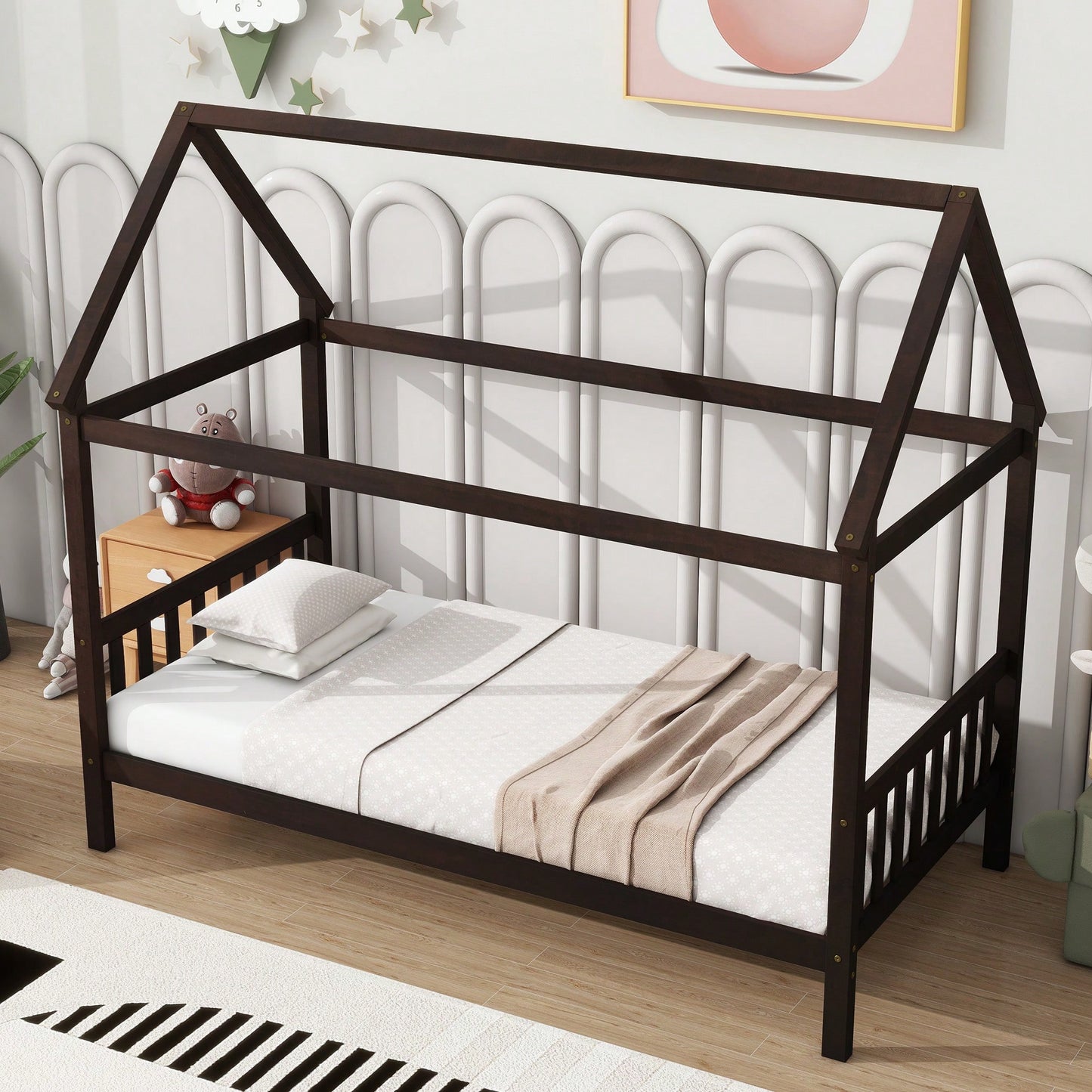 Twin House Bed With Headboard And Footboard In White Rubber Wood Frame