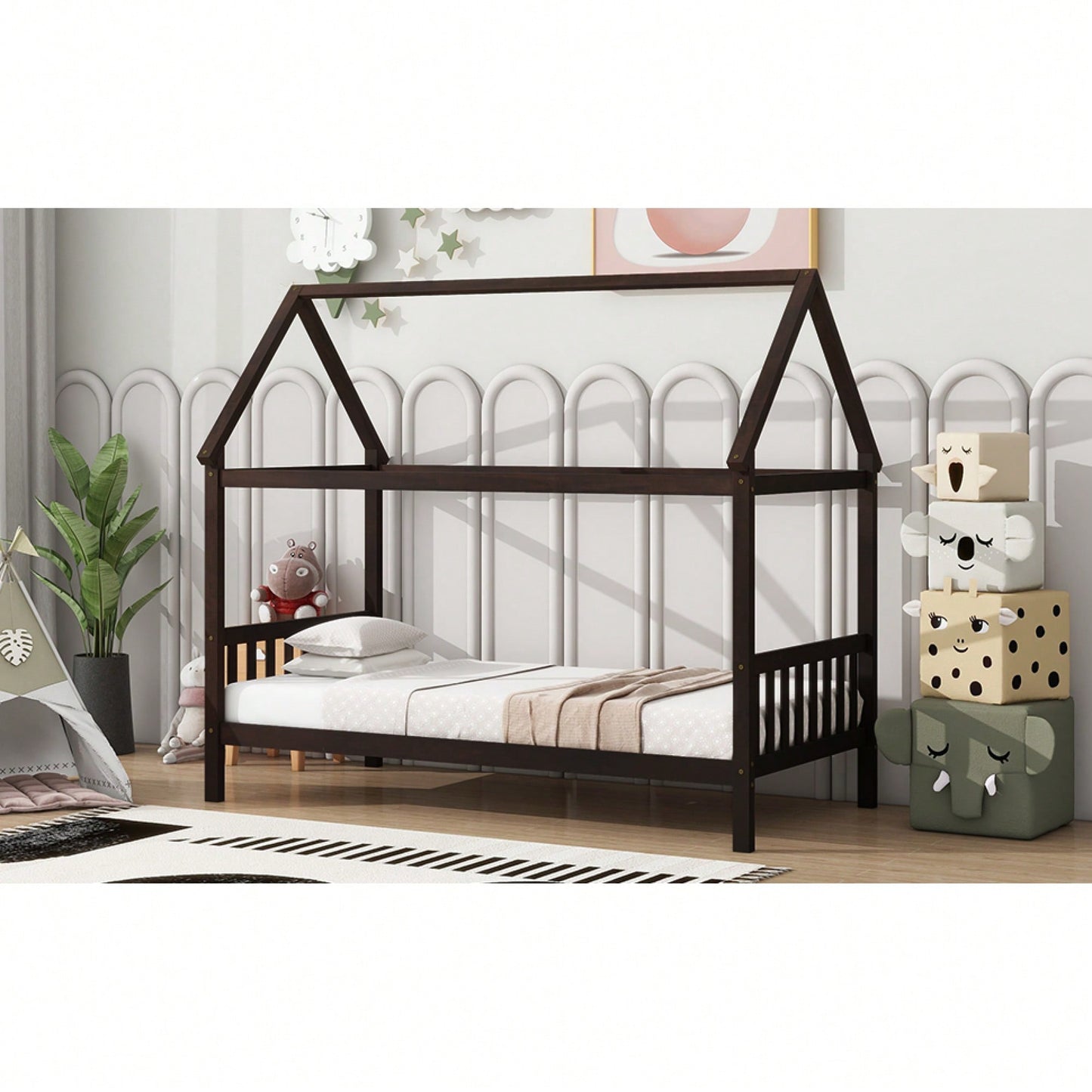 Twin House Bed With Headboard And Footboard In White Rubber Wood Frame