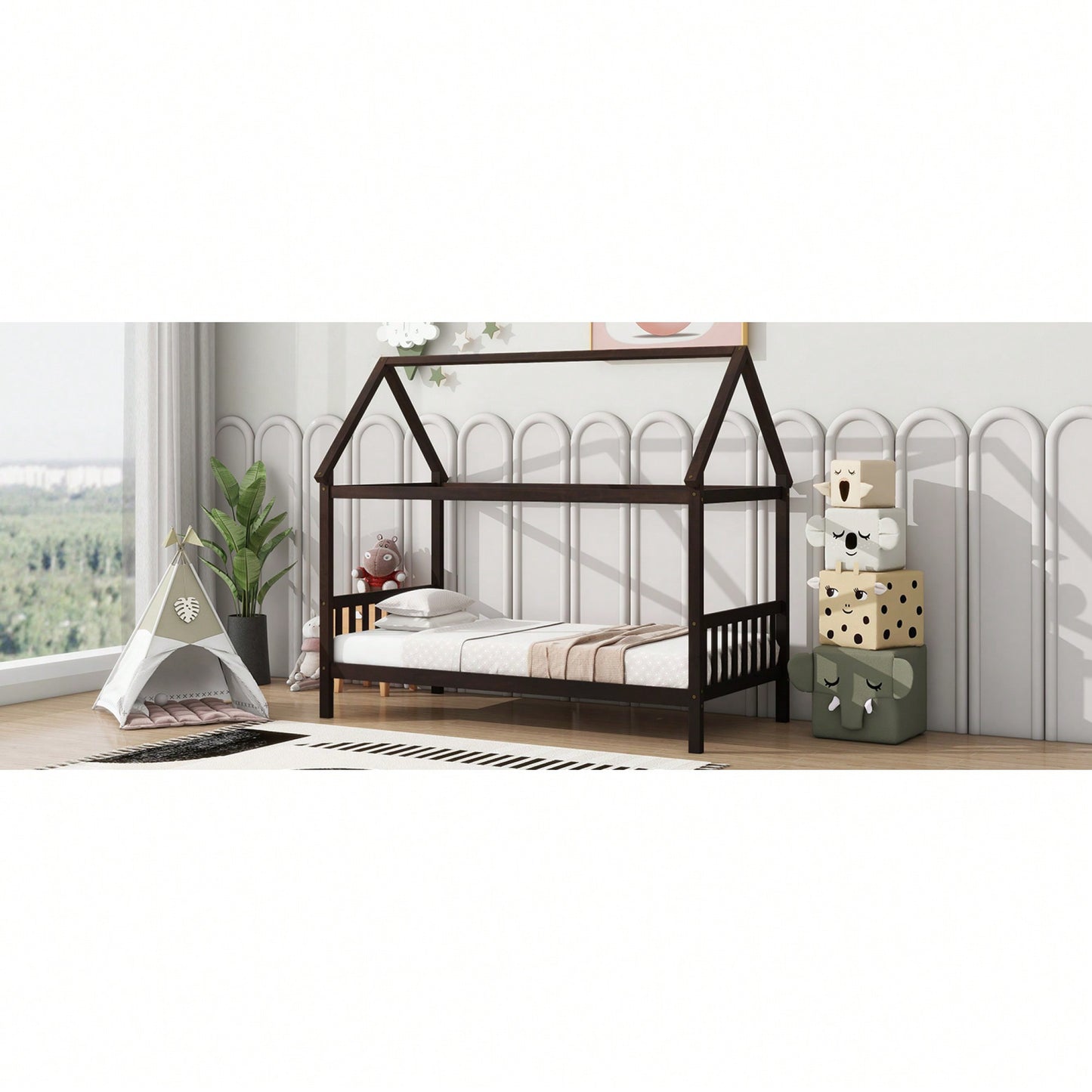 Twin House Bed With Headboard And Footboard In White Rubber Wood Frame