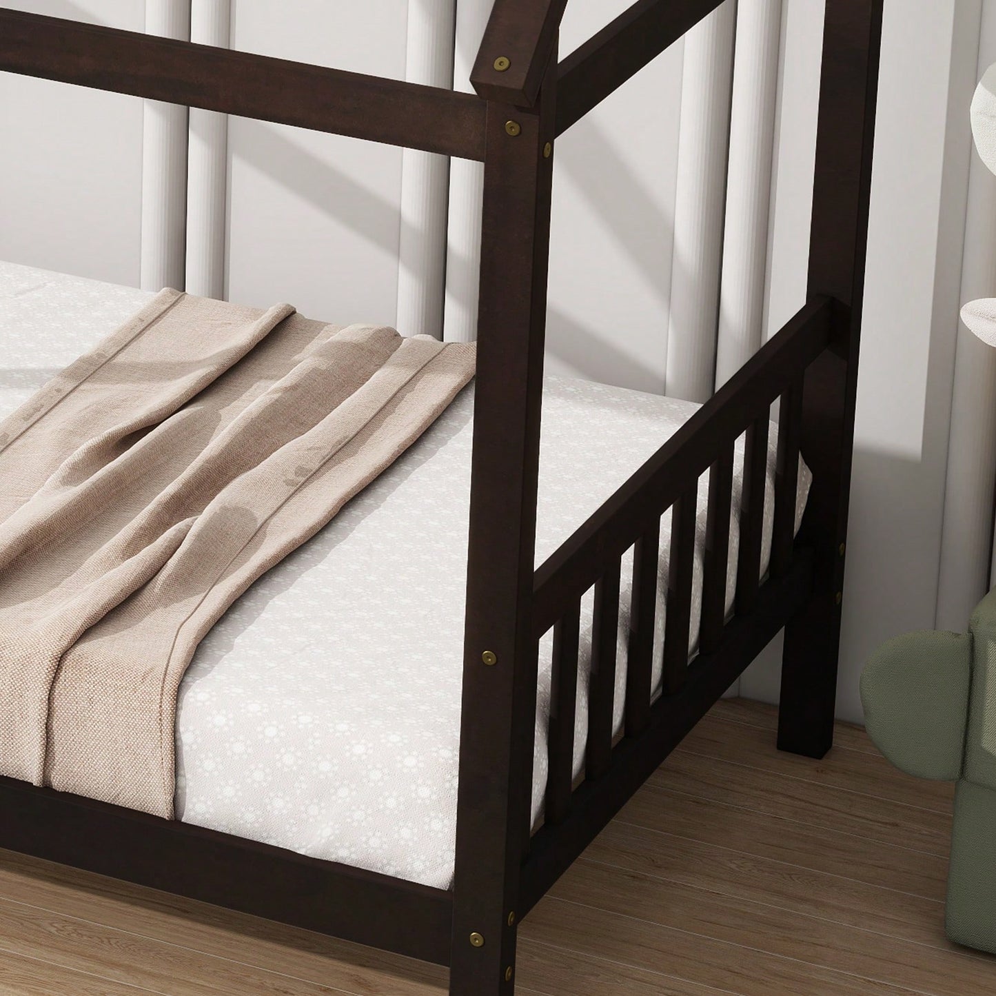 Twin House Bed With Headboard And Footboard In White Rubber Wood Frame