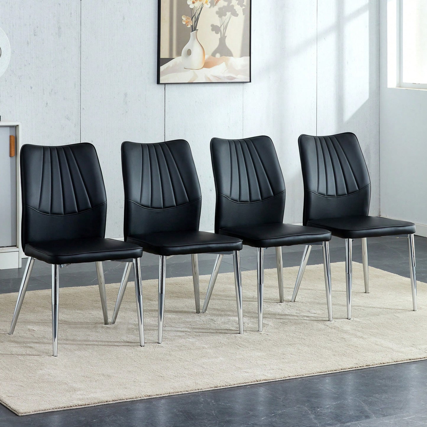 Set Of 4 Modern Black Dining Chairs With PU Cushion And Silver Metal Legs For Restaurants And Living Rooms