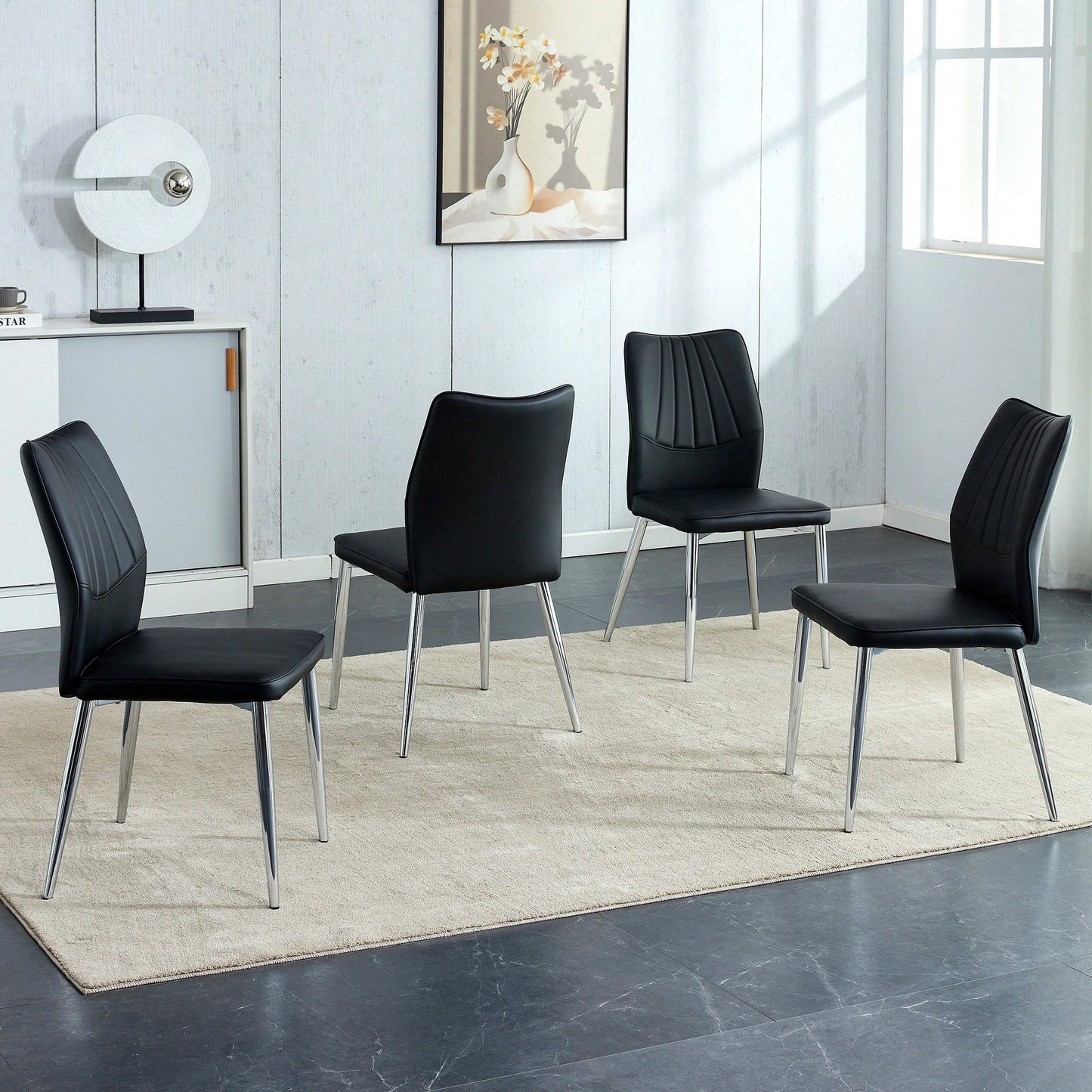 Set Of 4 Modern Black Dining Chairs With PU Cushion And Silver Metal Legs For Restaurants And Living Rooms