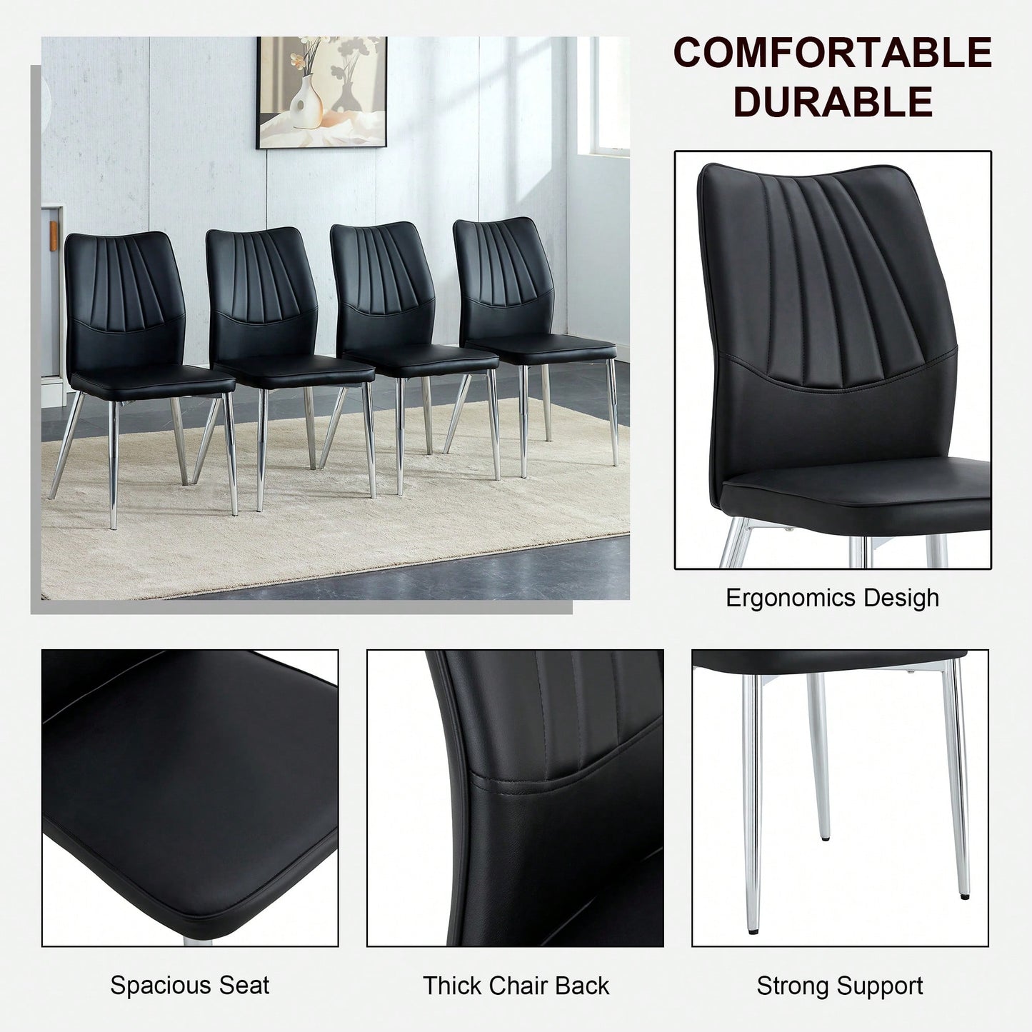 Set Of 4 Modern Black Dining Chairs With PU Cushion And Silver Metal Legs For Restaurants And Living Rooms