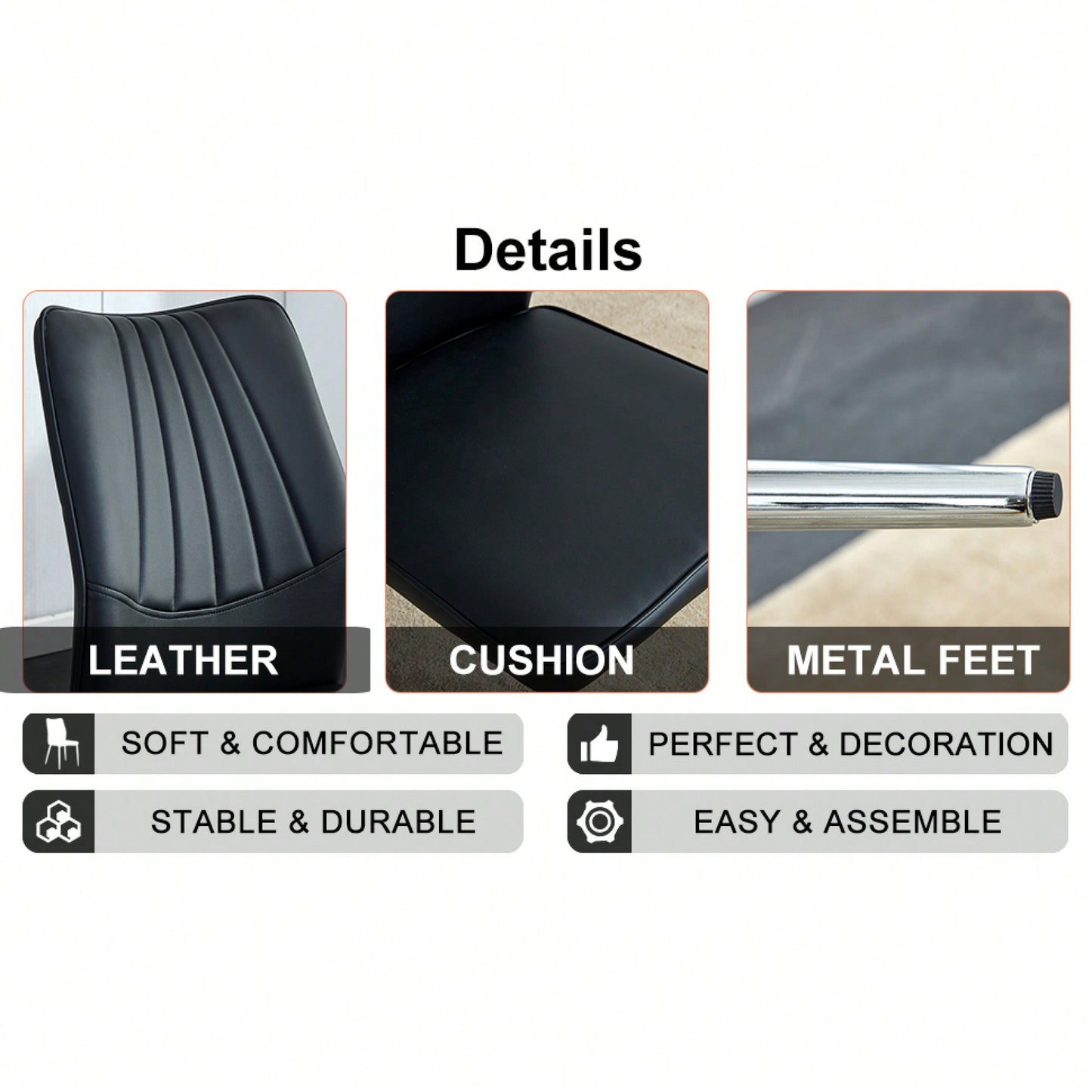 Set Of 4 Modern Black Dining Chairs With PU Cushion And Silver Metal Legs For Restaurants And Living Rooms