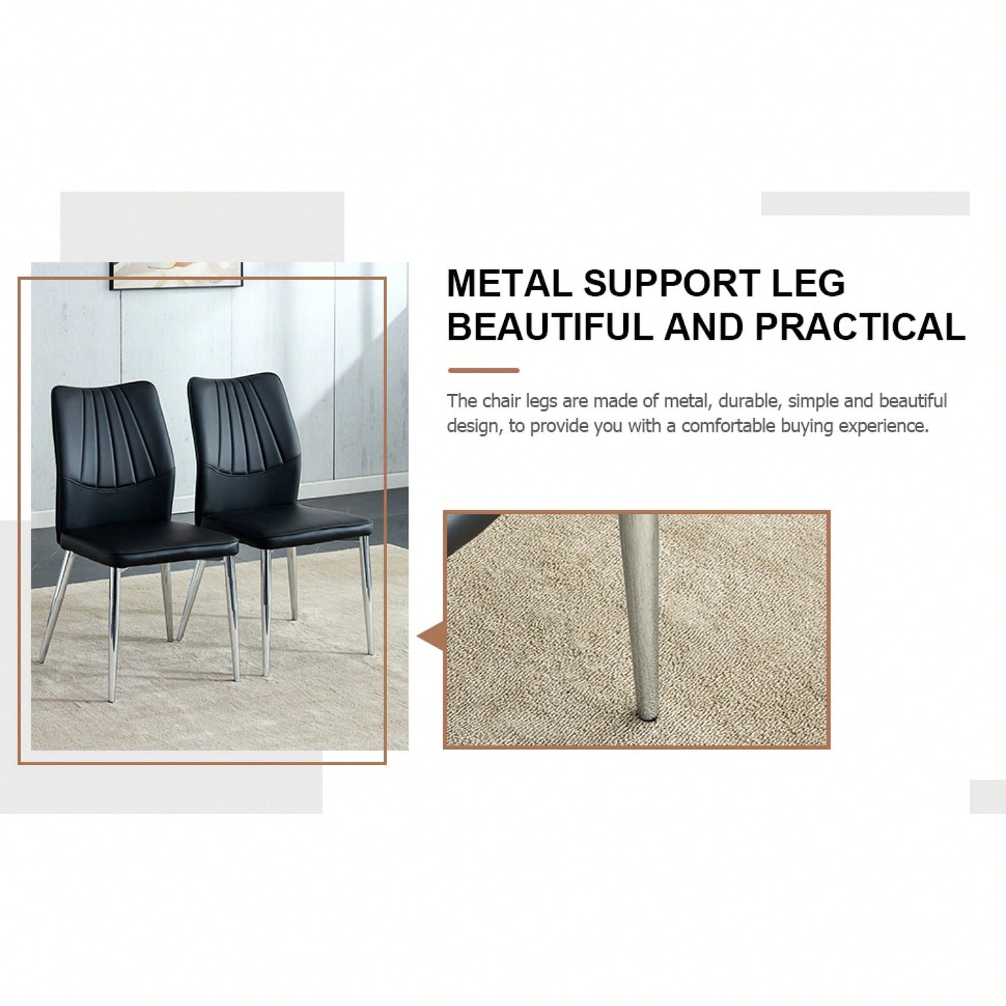 Set Of 4 Modern Black Dining Chairs With PU Cushion And Silver Metal Legs For Restaurants And Living Rooms