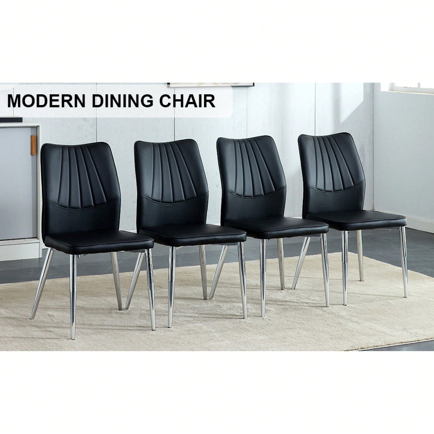 Set Of 4 Modern Black Dining Chairs With PU Cushion And Silver Metal Legs For Restaurants And Living Rooms