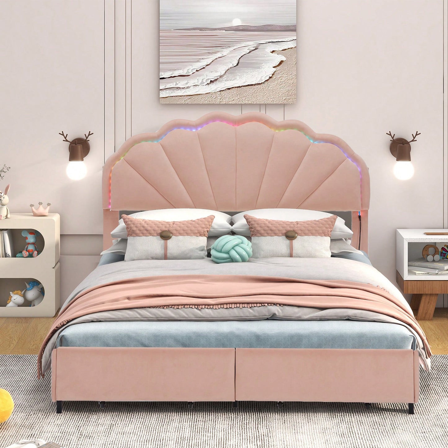 Full Size Upholstered Pink LED Bed Frame With Storage Drawers And Stylish Petal Headboard For Girls