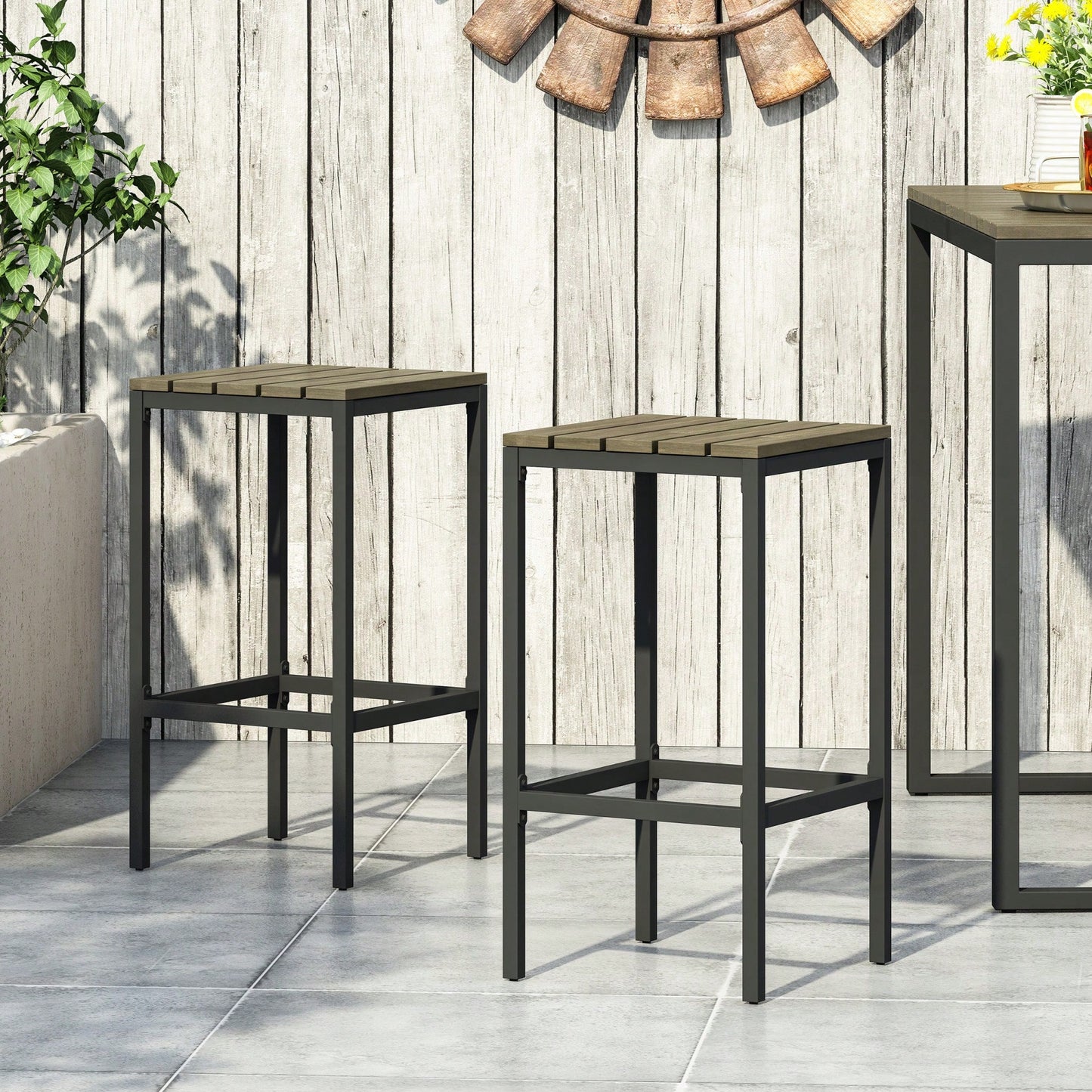 Set Of 2 Ezra Barstool Modern Industrial Design With Acacia Wood And Metal Frame