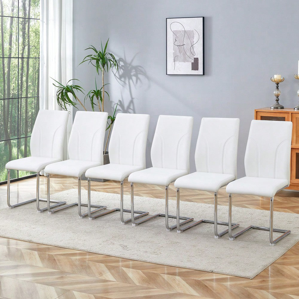 Set Of 6 White PU Dining Chairs With High Backrest Sturdy Legs For Restaurants Kitchens And Living Rooms