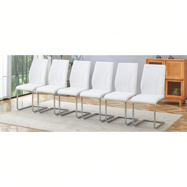 Set Of 6 White PU Dining Chairs With High Backrest Sturdy Legs For Restaurants Kitchens And Living Rooms