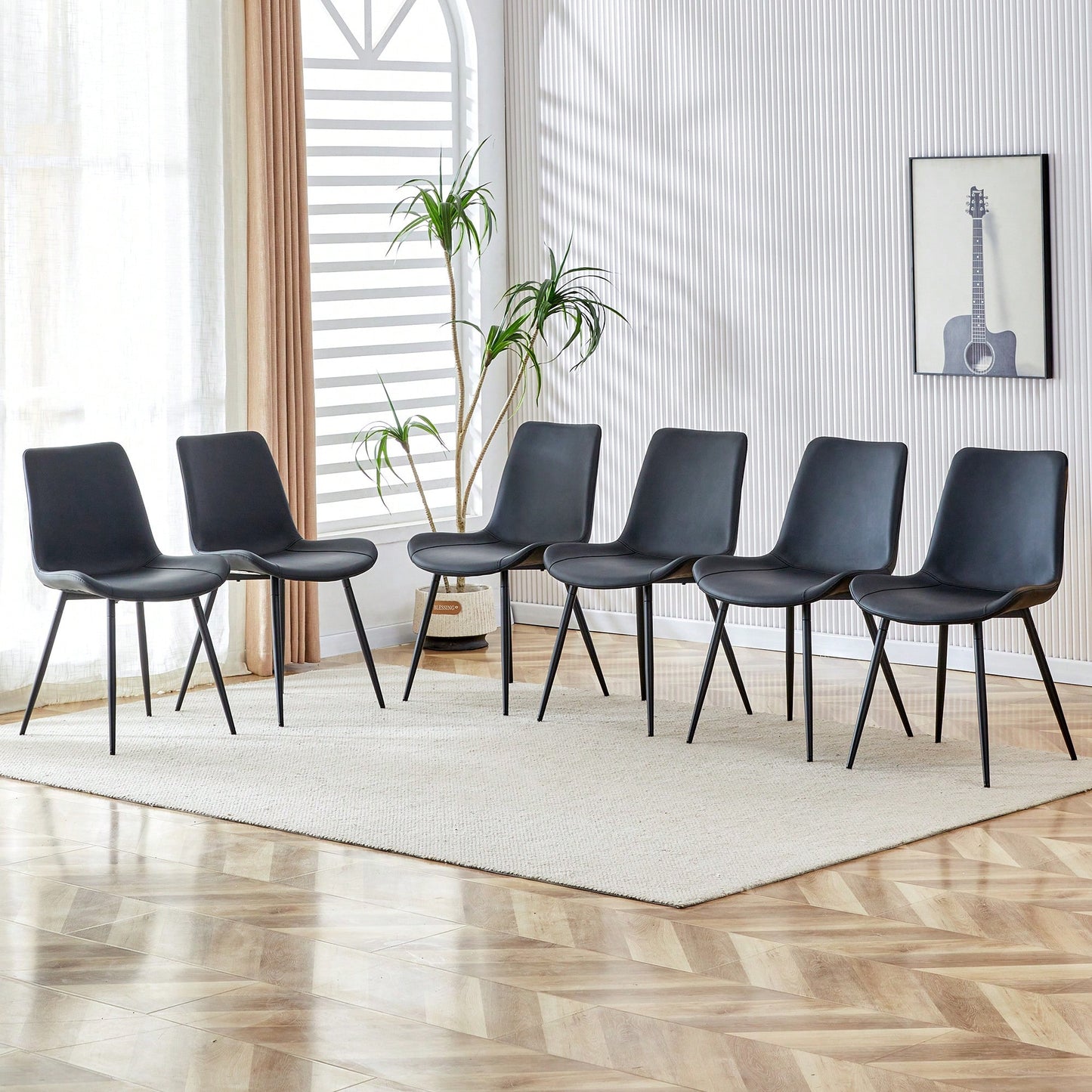Set Of 6 Curved Black Leather Dining Chairs With Metal Legs For Restaurants Kitchens And Offices