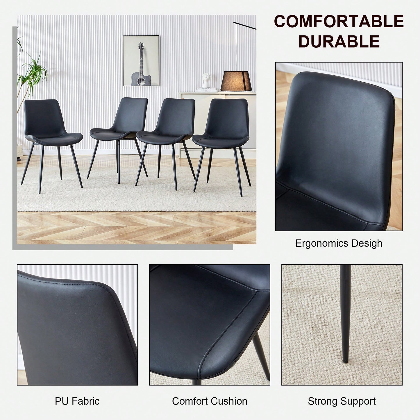Set Of 6 Curved Black Leather Dining Chairs With Metal Legs For Restaurants Kitchens And Offices