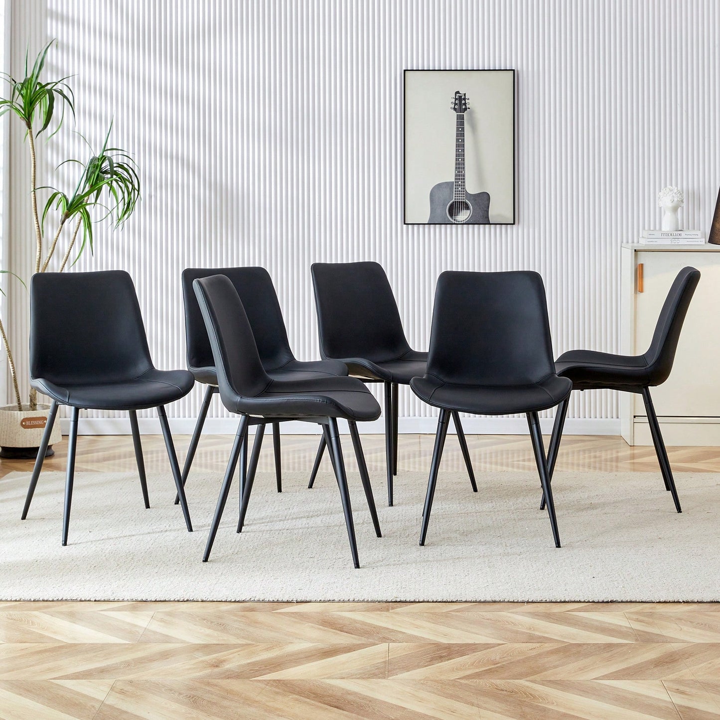 Set Of 6 Curved Black Leather Dining Chairs With Metal Legs For Restaurants Kitchens And Offices