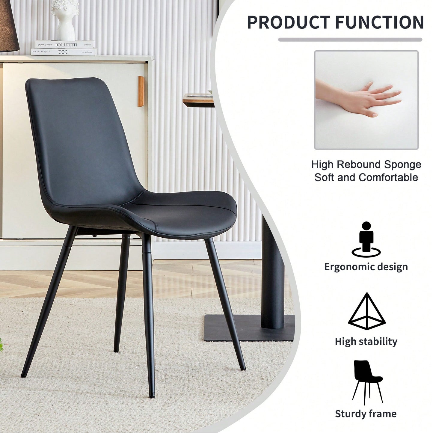 Set Of 6 Curved Black Leather Dining Chairs With Metal Legs For Restaurants Kitchens And Offices