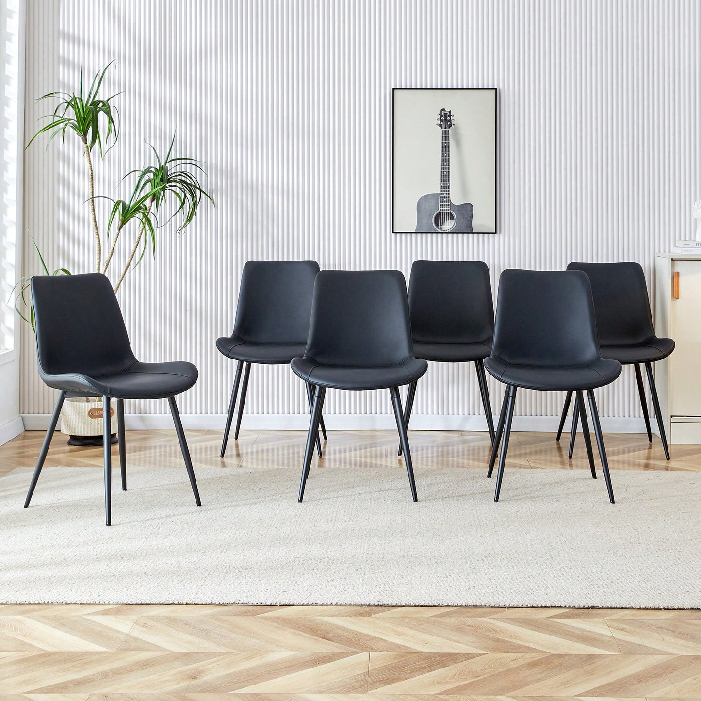 Set Of 6 Curved Black Leather Dining Chairs With Metal Legs For Restaurants Kitchens And Offices