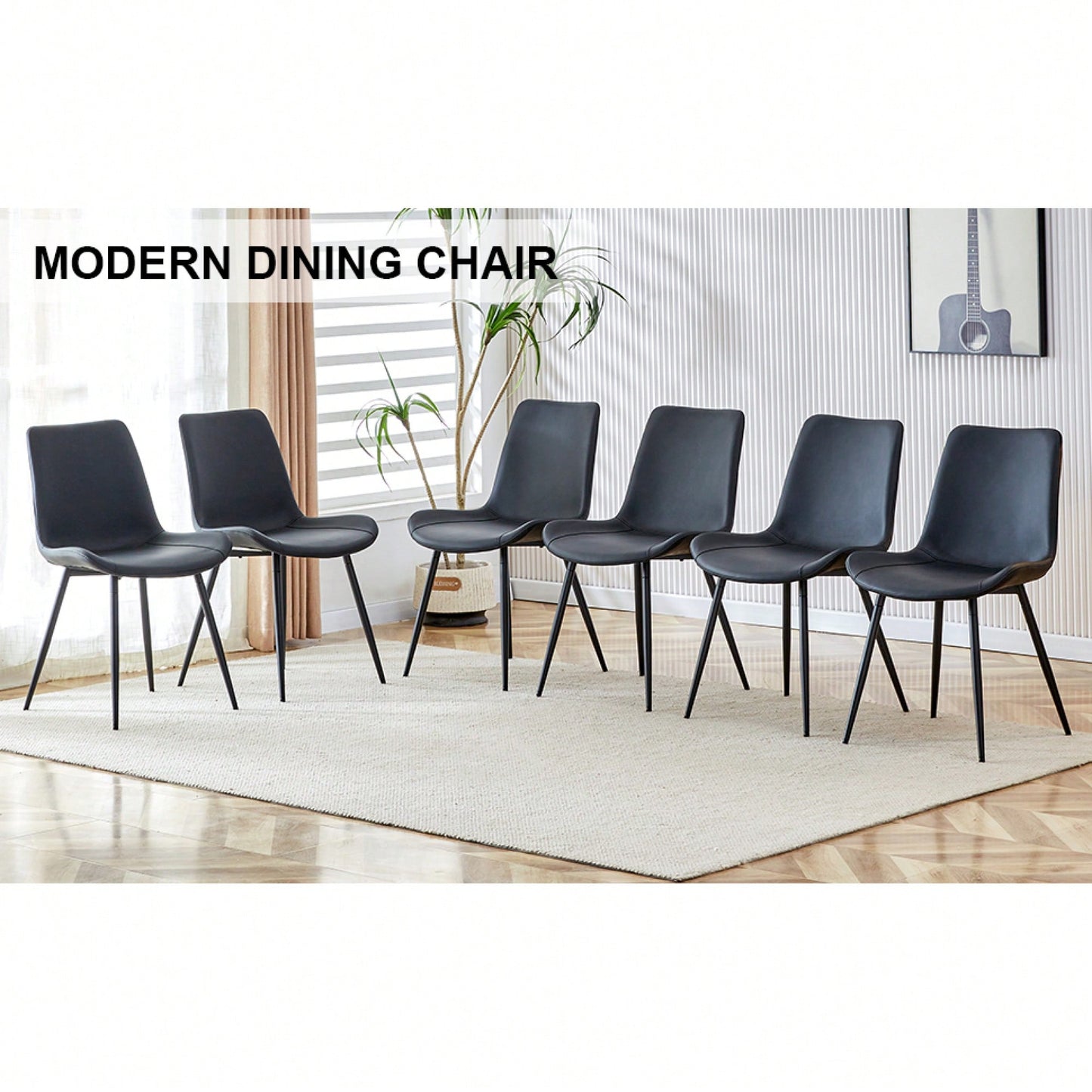 Set Of 6 Curved Black Leather Dining Chairs With Metal Legs For Restaurants Kitchens And Offices