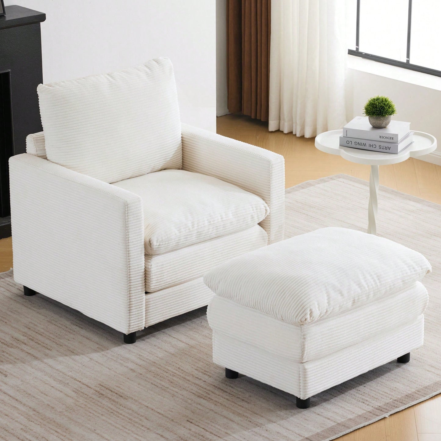 Oversized Upholstered Corduroy Armchair With Ottoman For Living Room Bedroom Office In Beige