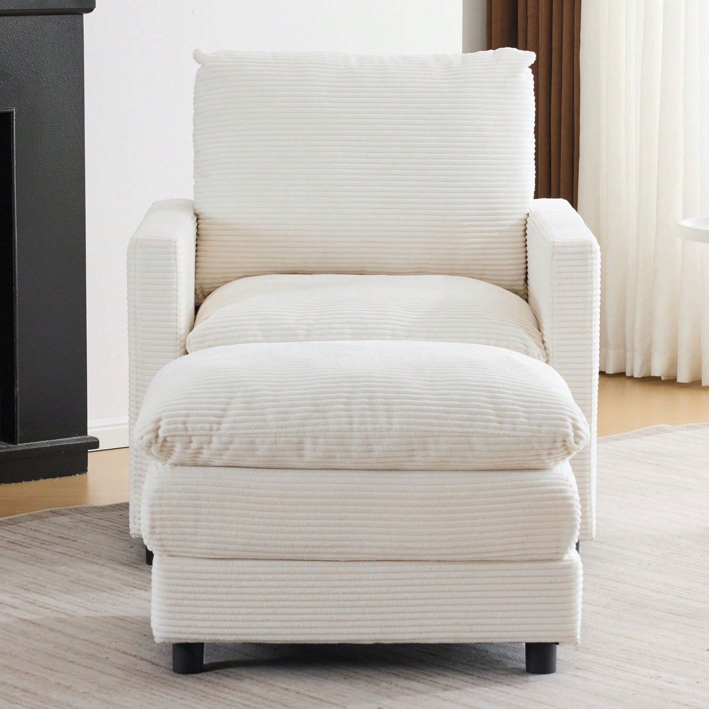 Oversized Upholstered Corduroy Armchair With Ottoman For Living Room Bedroom Office In Beige