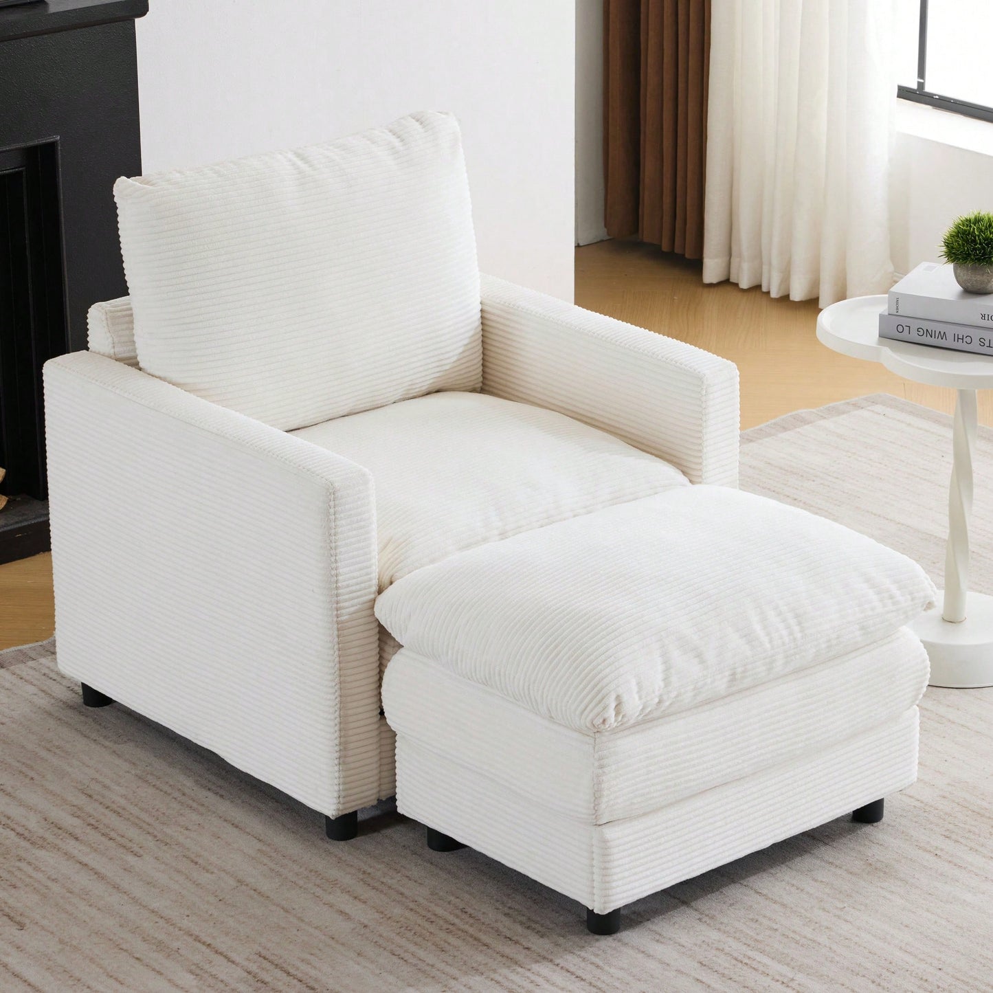 Oversized Upholstered Corduroy Armchair With Ottoman For Living Room Bedroom Office In Beige