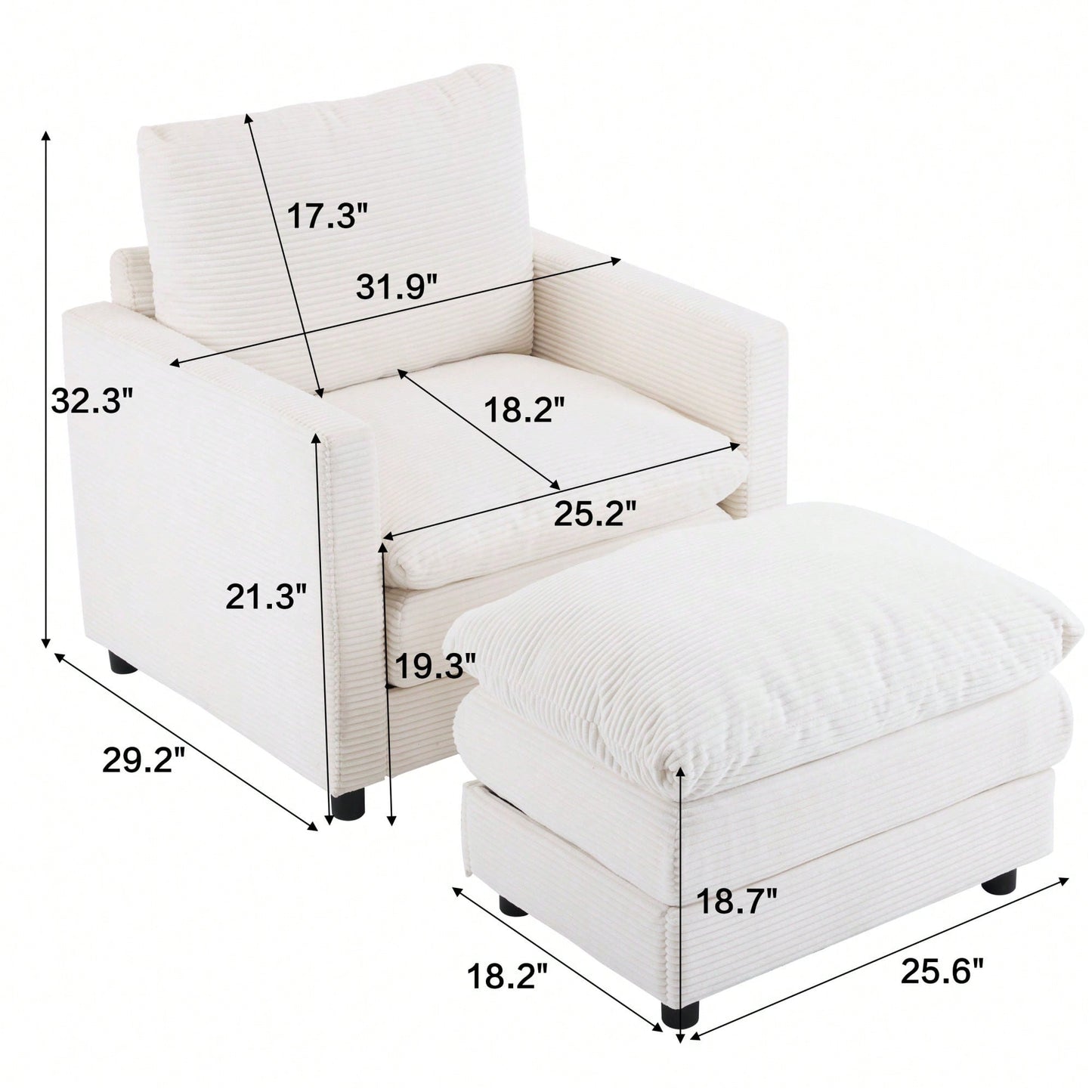 Oversized Upholstered Corduroy Armchair With Ottoman For Living Room Bedroom Office In Beige