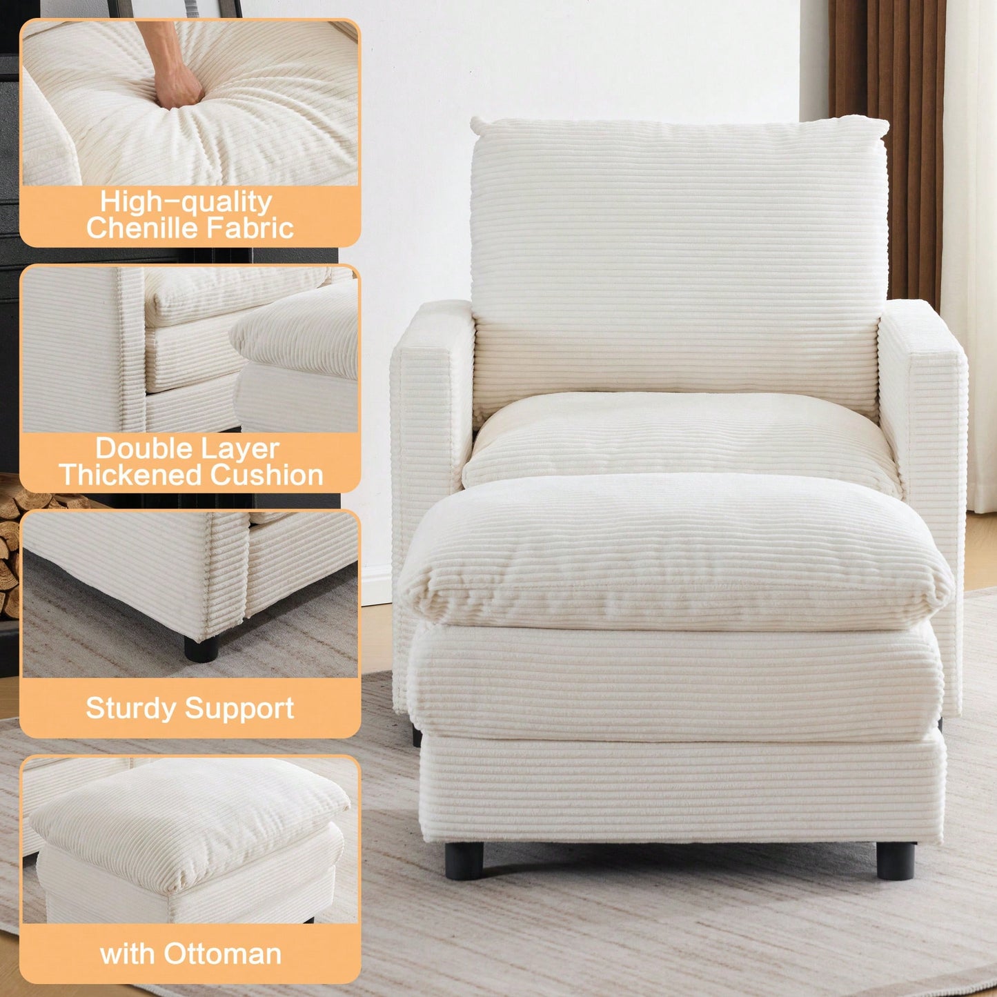 Oversized Upholstered Corduroy Armchair With Ottoman For Living Room Bedroom Office In Beige