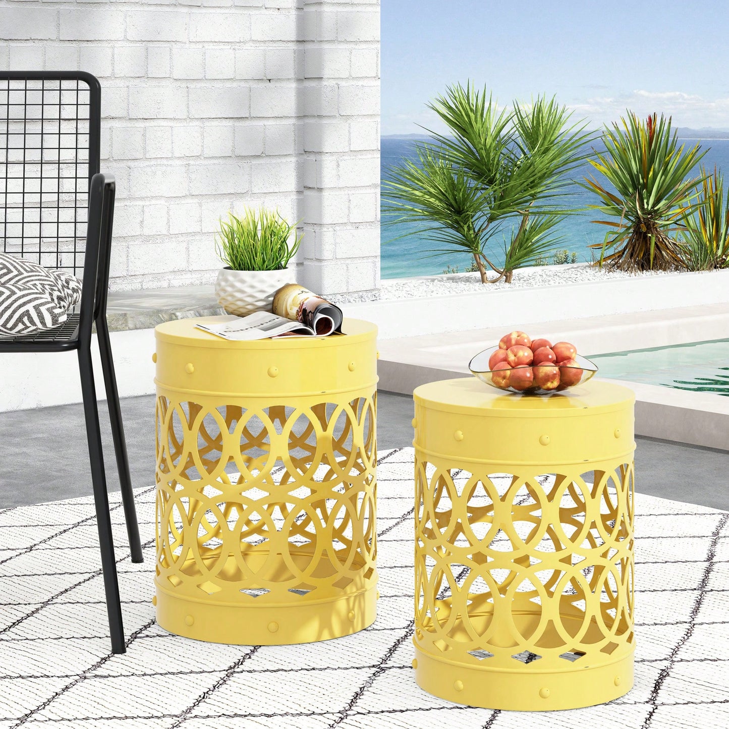 Modern Outdoor Metal Set Of 2 End Tables For Patio And Garden Use