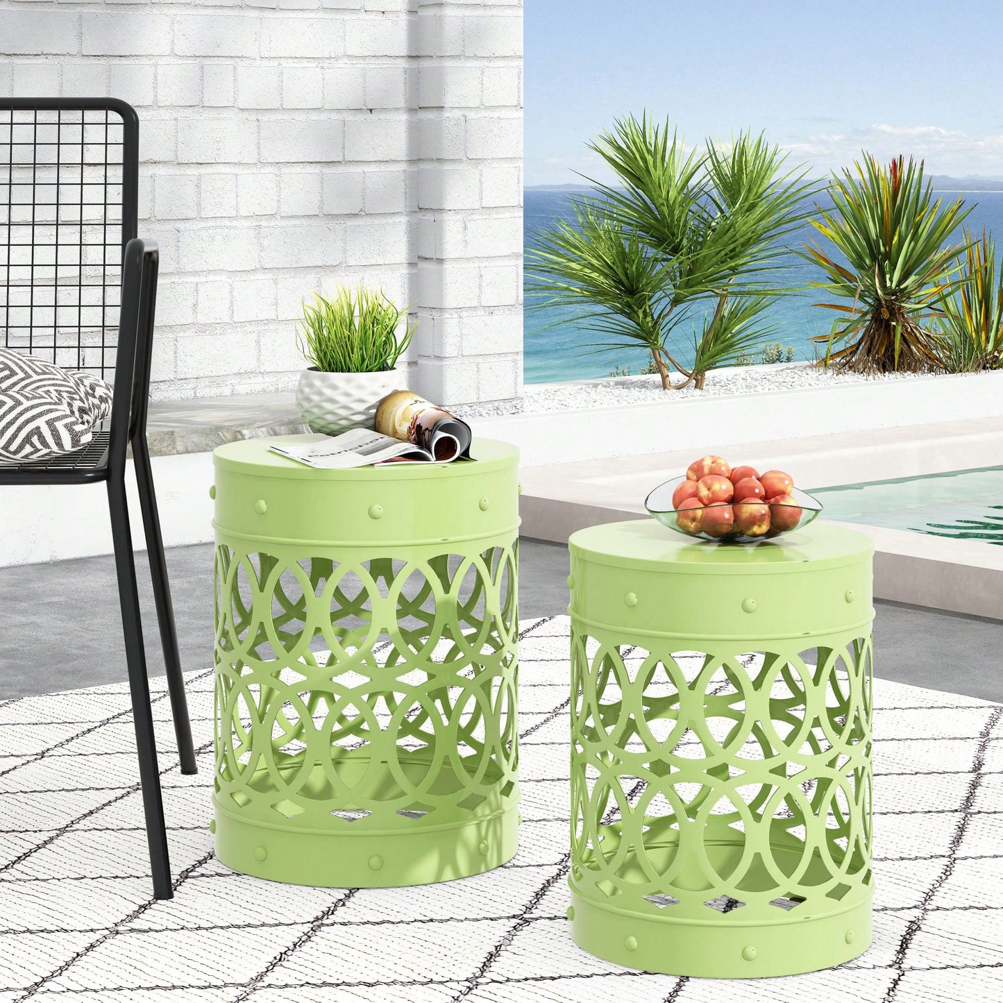 Modern Outdoor Metal Set Of 2 End Tables For Patio And Garden Use