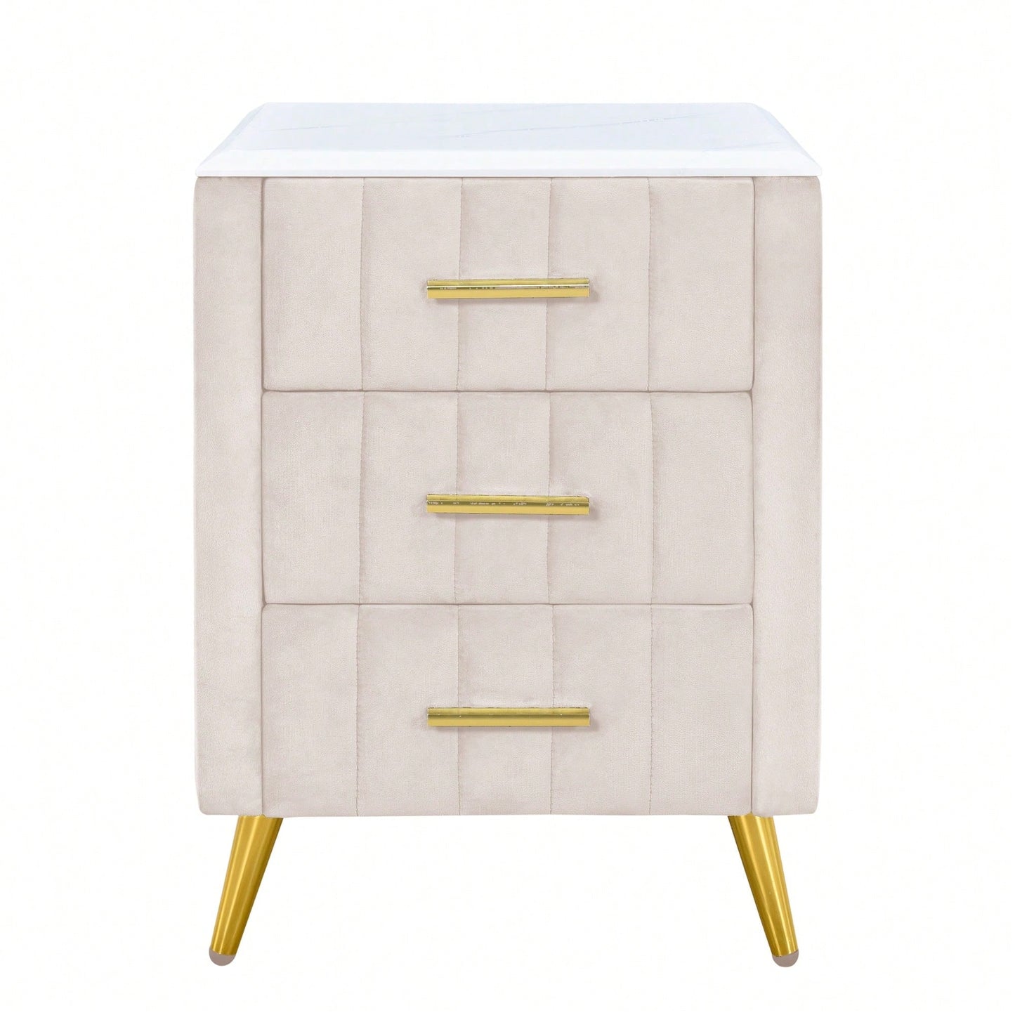 Stylish Pink Upholstered Nightstand With 3 Drawers And Metal Legs, Elegant Bedside Table Featuring Marbled Top