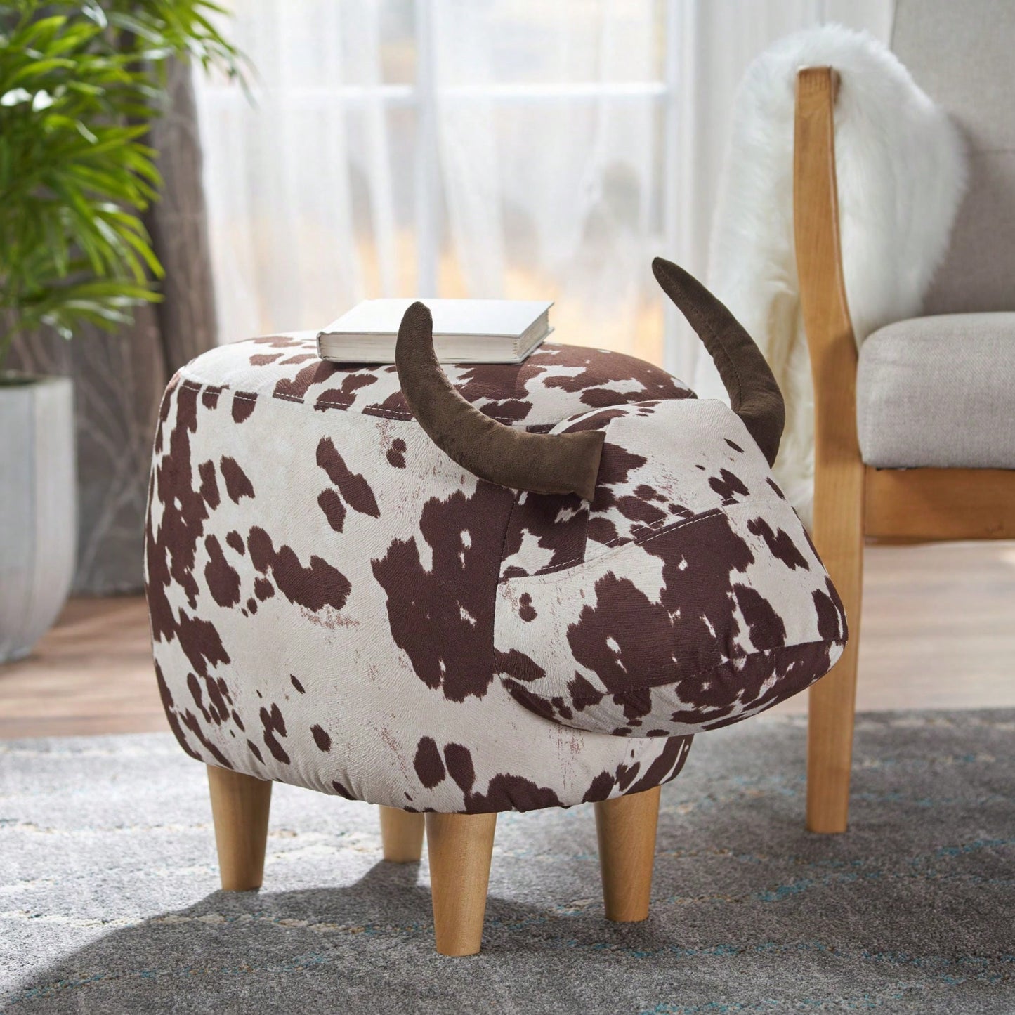 Cow-Shaped Velvet Ottoman Cute Foot Stool For Living Room Bedroom Nursery Playroom Porch Furniture Brown And White