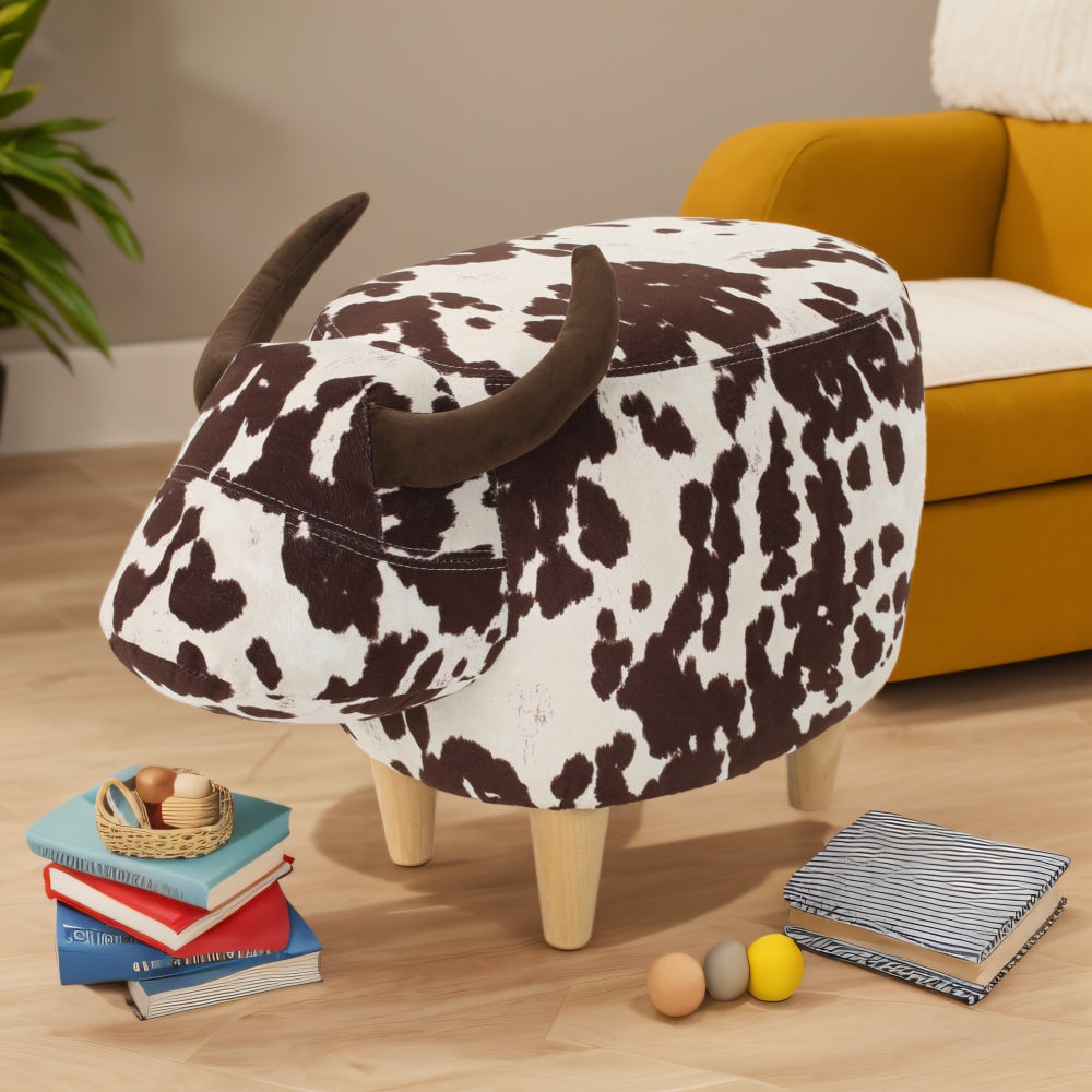 Cow-Shaped Velvet Ottoman Cute Foot Stool For Living Room Bedroom Nursery Playroom Porch Furniture Brown And White