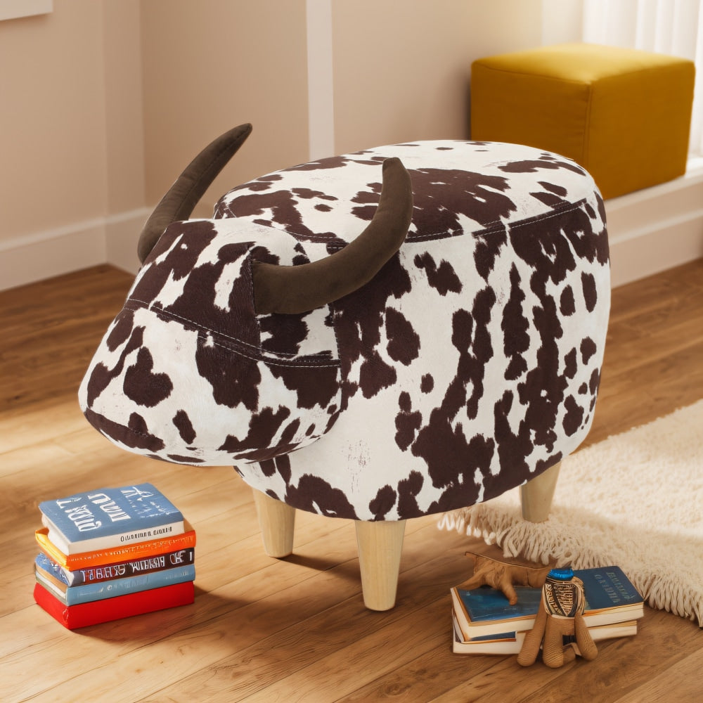 Cow-Shaped Velvet Ottoman Cute Foot Stool For Living Room Bedroom Nursery Playroom Porch Furniture Brown And White