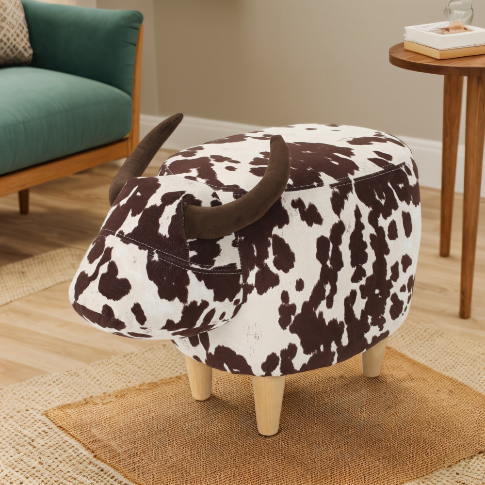 Cow-Shaped Velvet Ottoman Cute Foot Stool For Living Room Bedroom Nursery Playroom Porch Furniture Brown And White