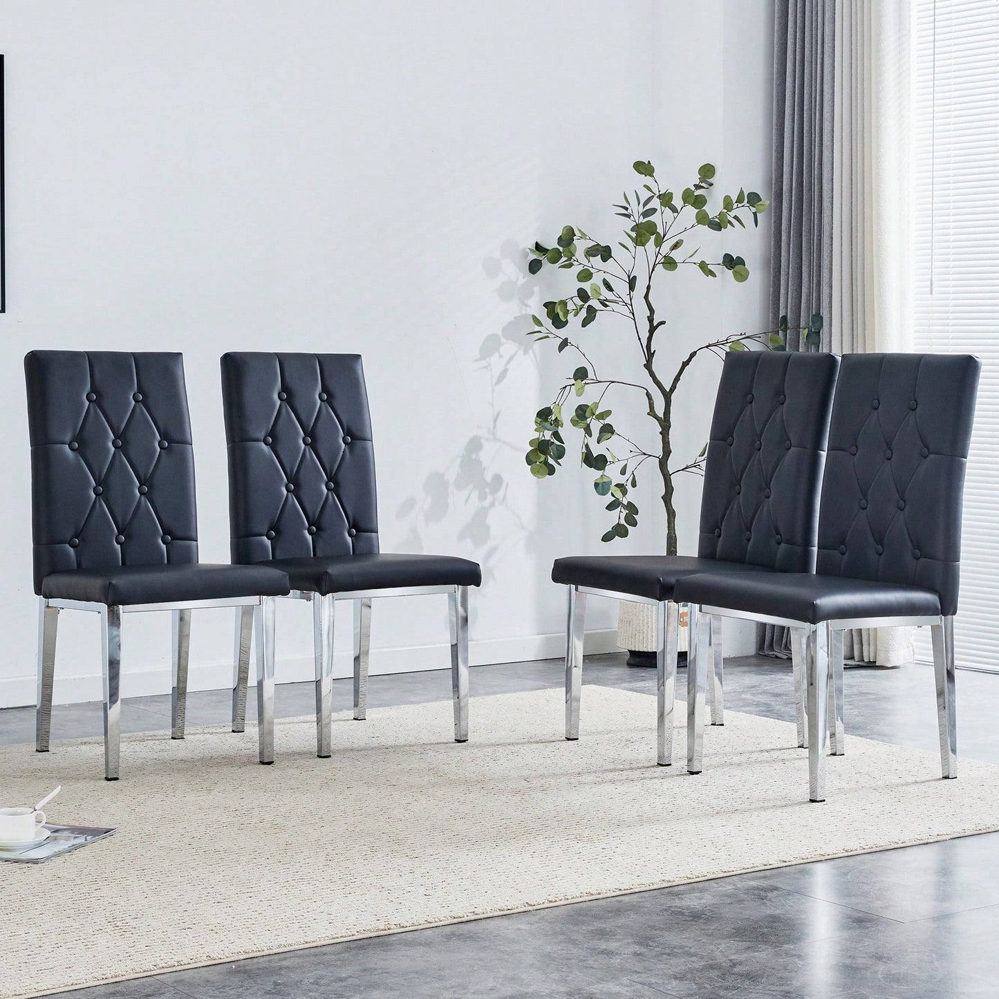 Elegant Black Armless Dining Chairs Set Of 4 With Vintage Grid And Buckle Design