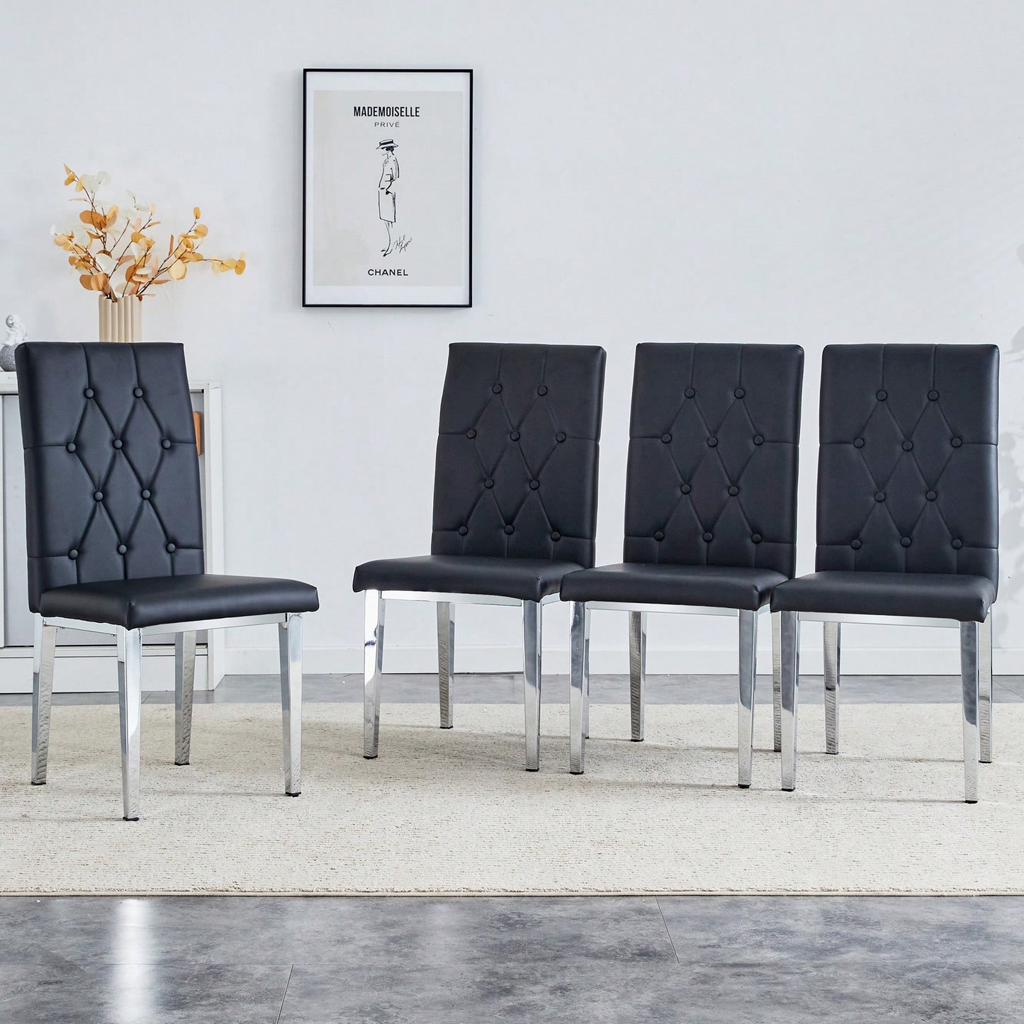 Elegant Black Armless Dining Chairs Set Of 4 With Vintage Grid And Buckle Design