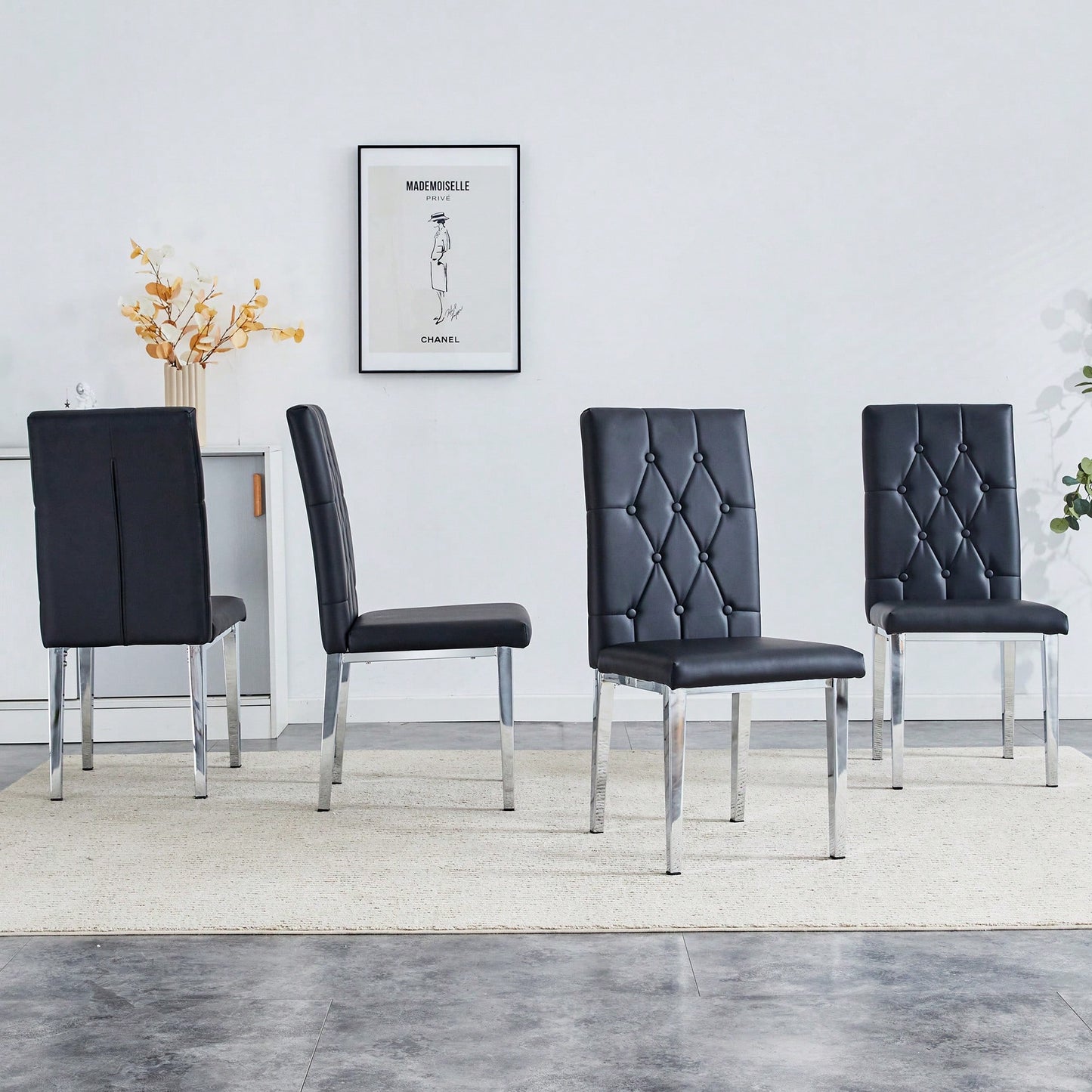 Elegant Black Armless Dining Chairs Set Of 4 With Vintage Grid And Buckle Design