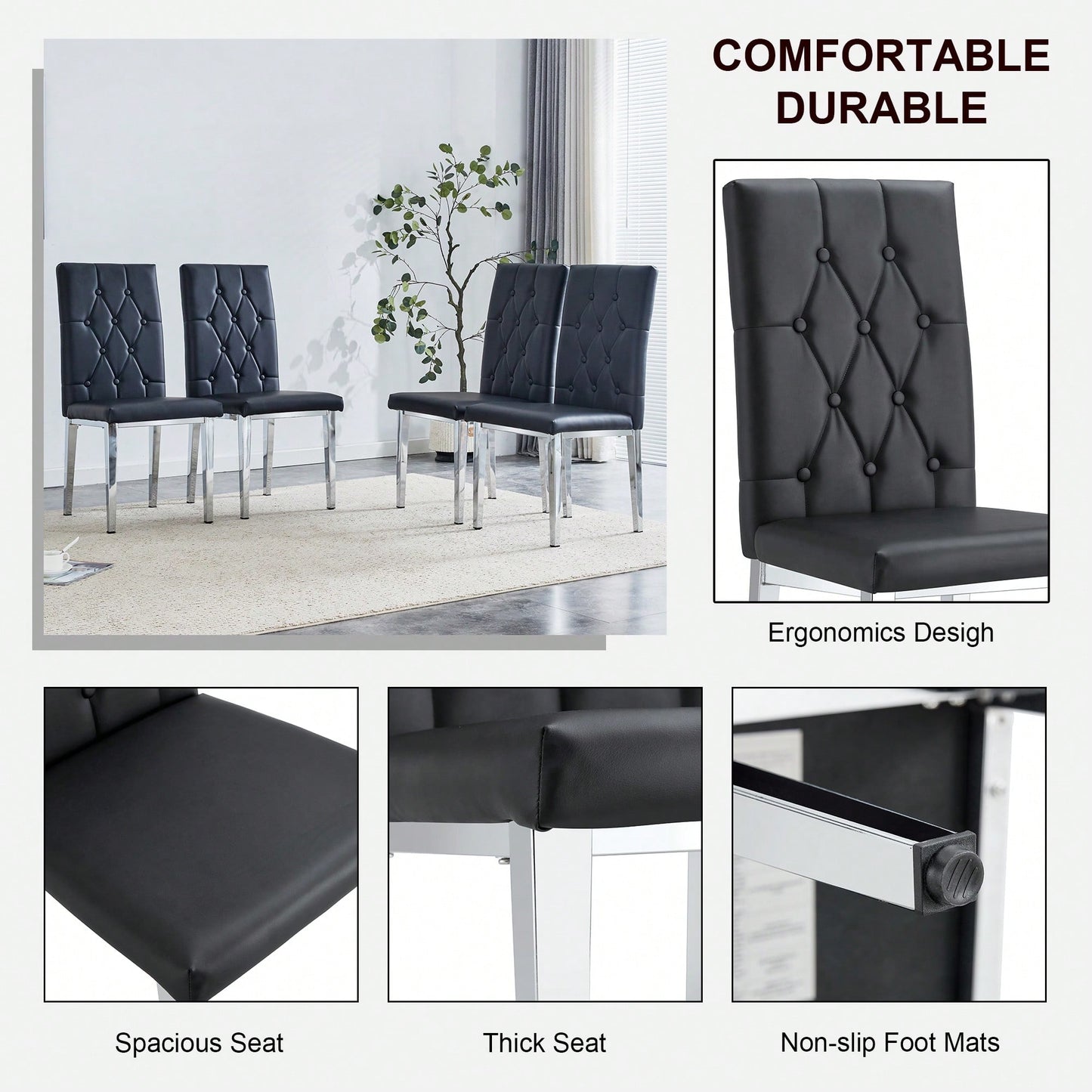 Elegant Black Armless Dining Chairs Set Of 4 With Vintage Grid And Buckle Design
