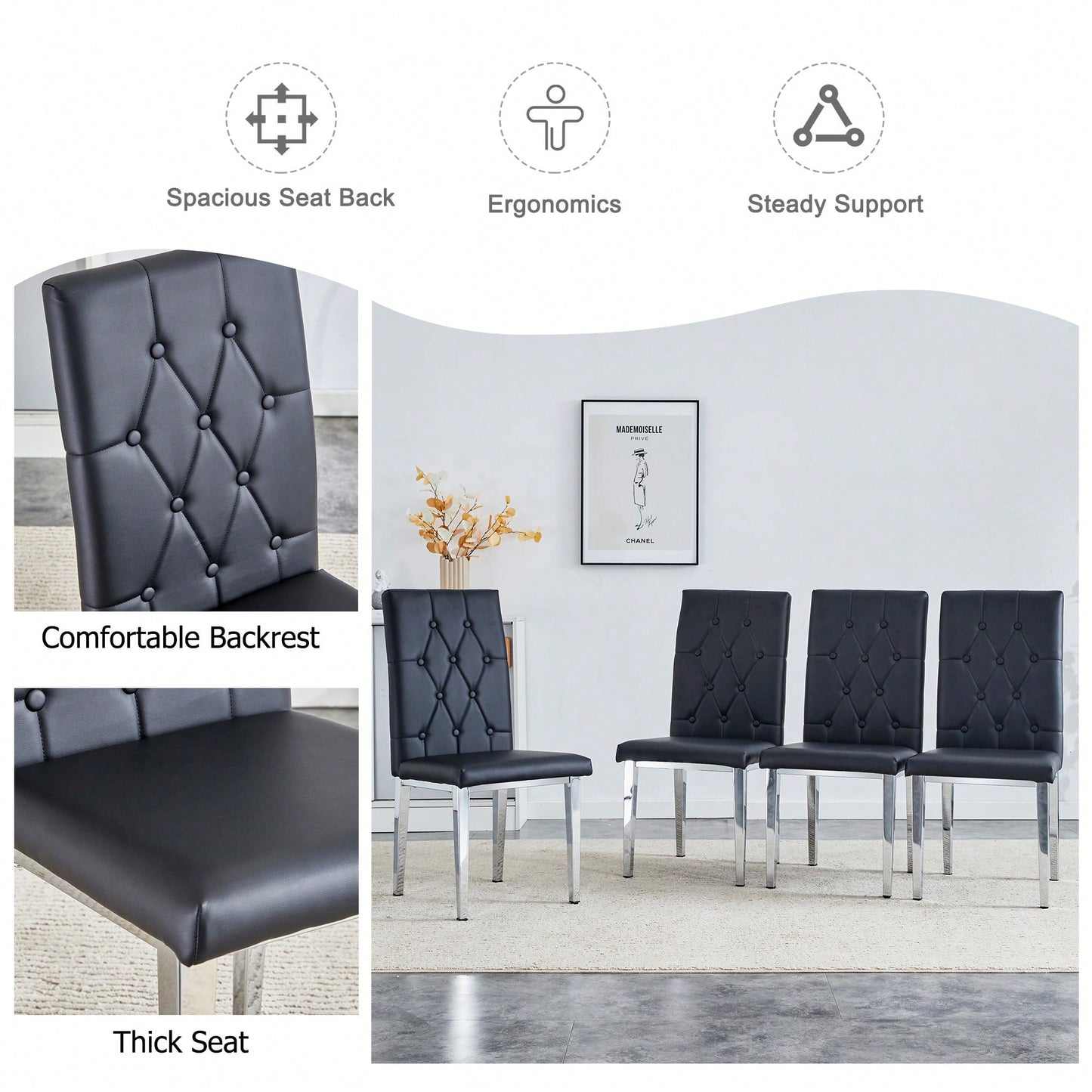 Elegant Black Armless Dining Chairs Set Of 4 With Vintage Grid And Buckle Design