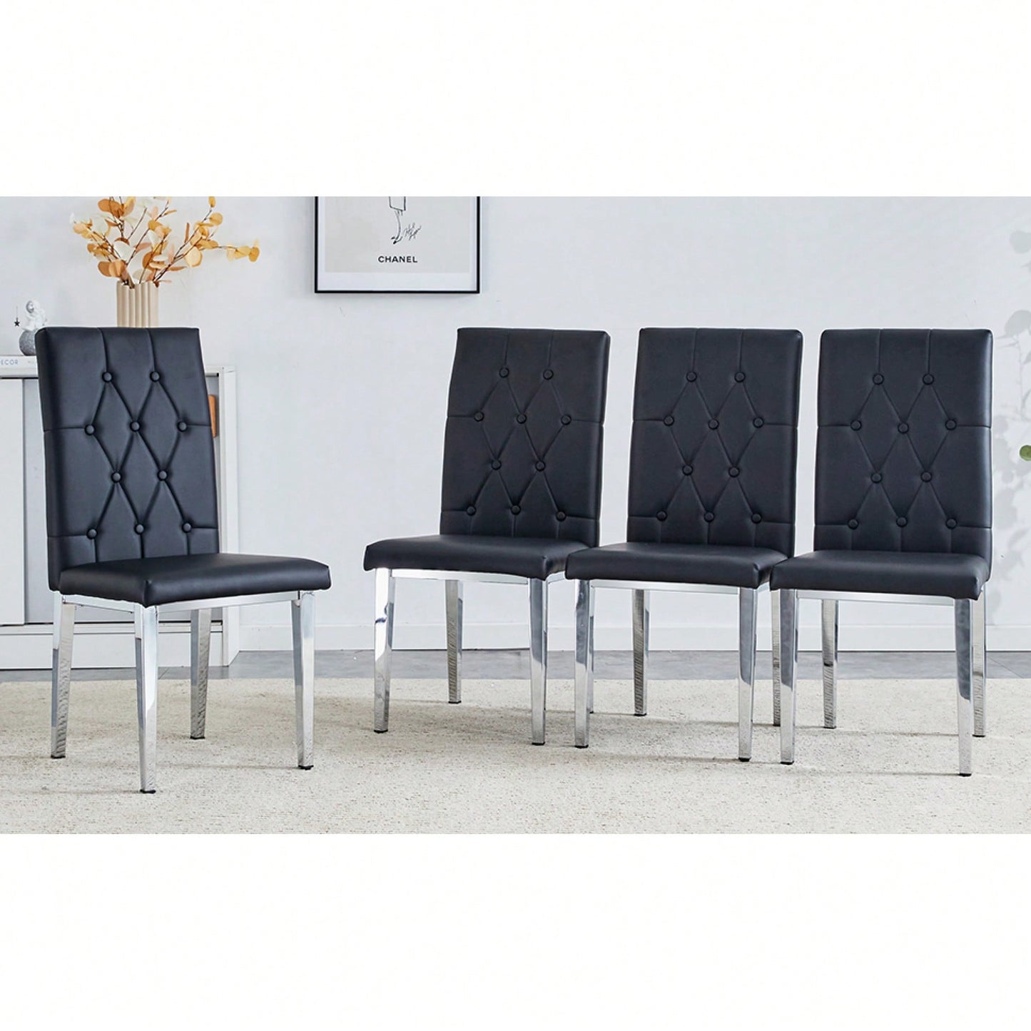 Elegant Black Armless Dining Chairs Set Of 4 With Vintage Grid And Buckle Design