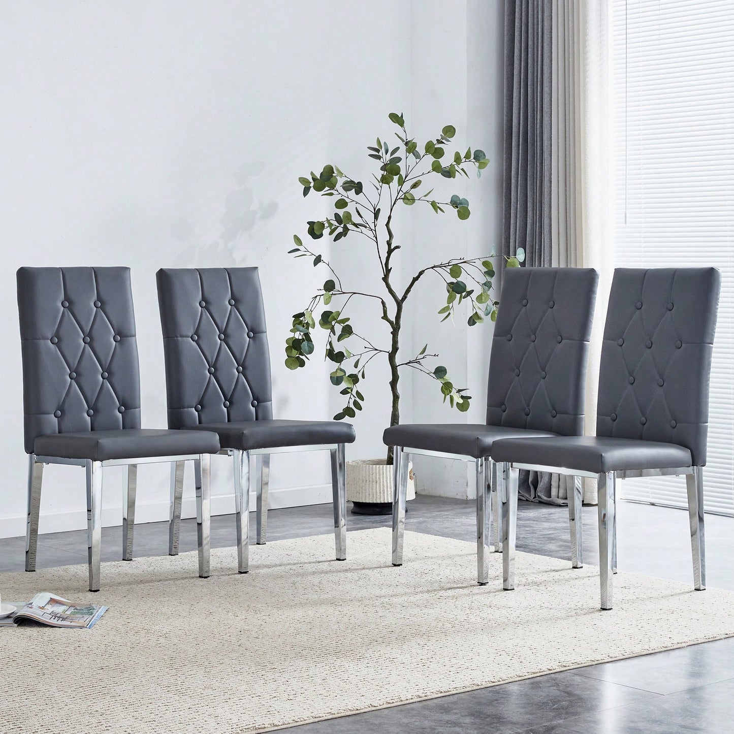 Elegant Black Armless Dining Chairs Set Of 4 With Vintage Grid And Buckle Design