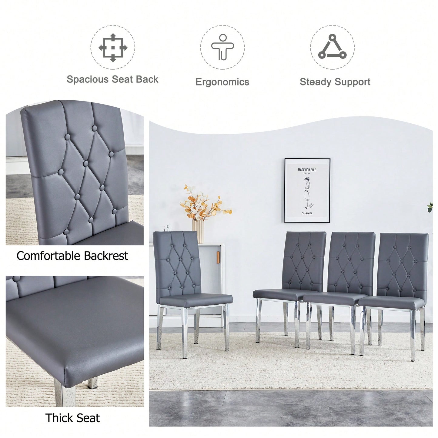 Elegant Black Armless Dining Chairs Set Of 4 With Vintage Grid And Buckle Design