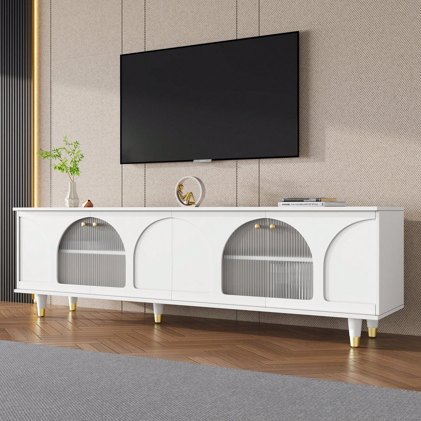 Contemporary White TV Stand for TVs Up to 78 Inches with Adjustable Shelves Gold Handles and Arch Fluted Glass Doors Elegant Media Console