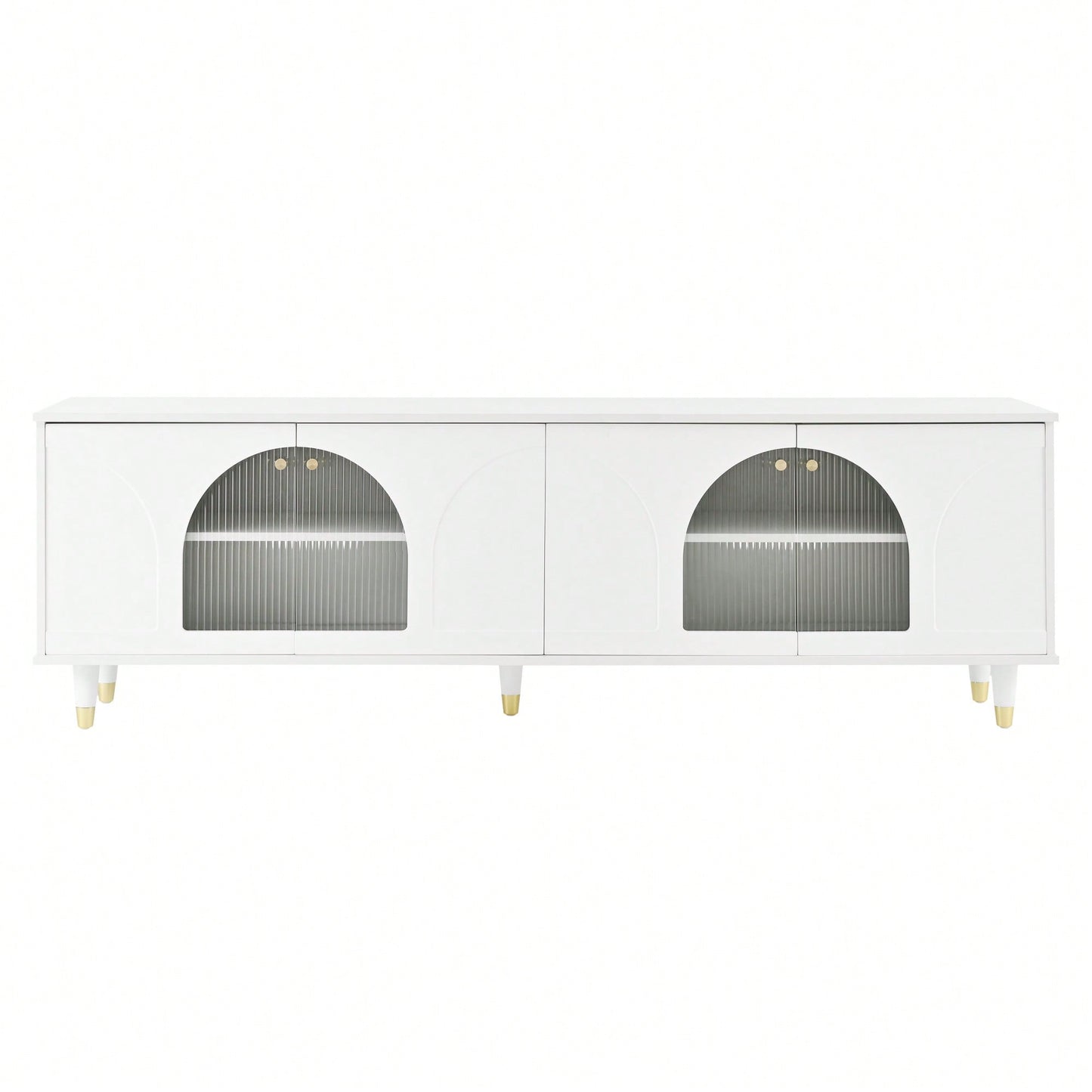 Contemporary White TV Stand for TVs Up to 78 Inches with Adjustable Shelves Gold Handles and Arch Fluted Glass Doors Elegant Media Console
