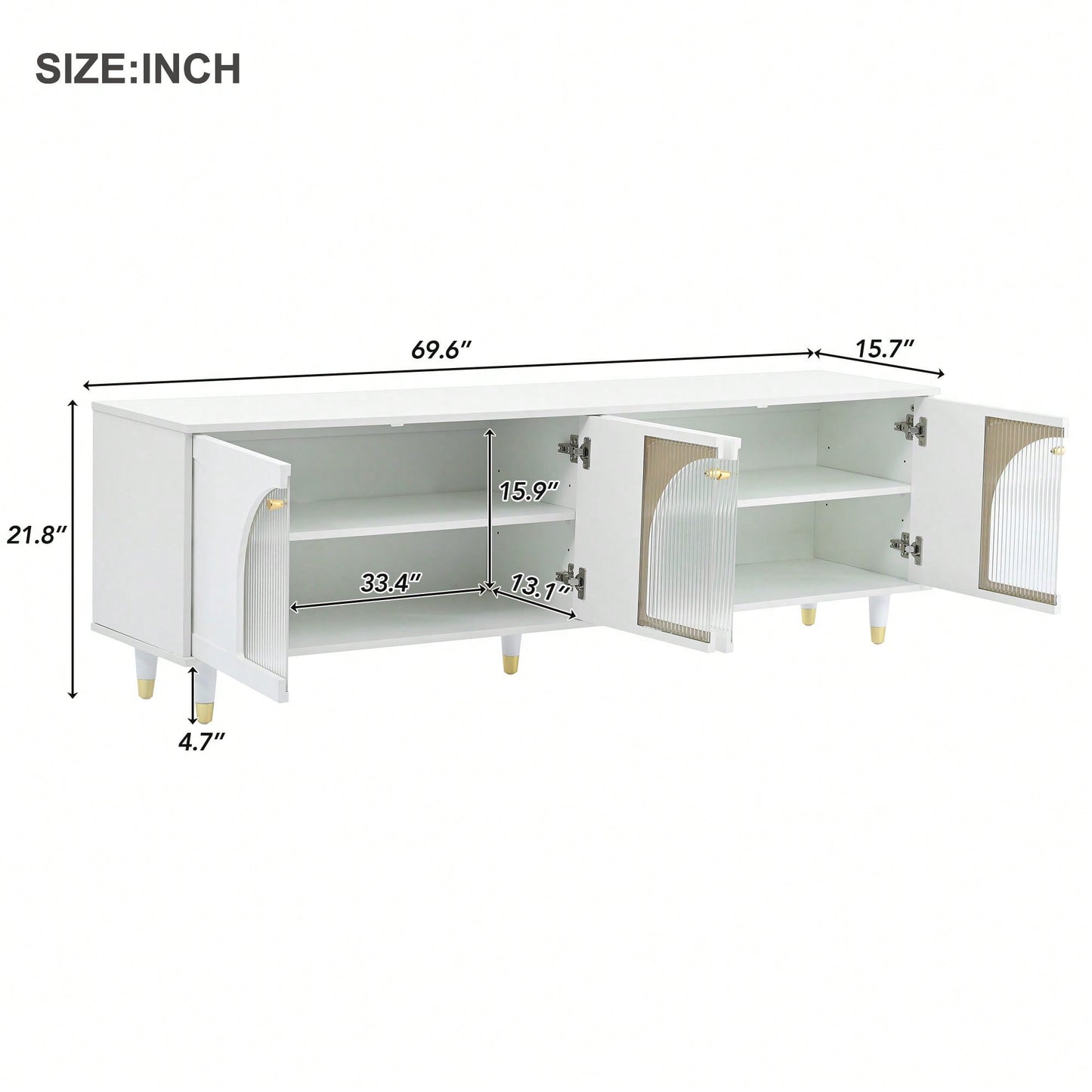 Contemporary White TV Stand for TVs Up to 78 Inches with Adjustable Shelves Gold Handles and Arch Fluted Glass Doors Elegant Media Console