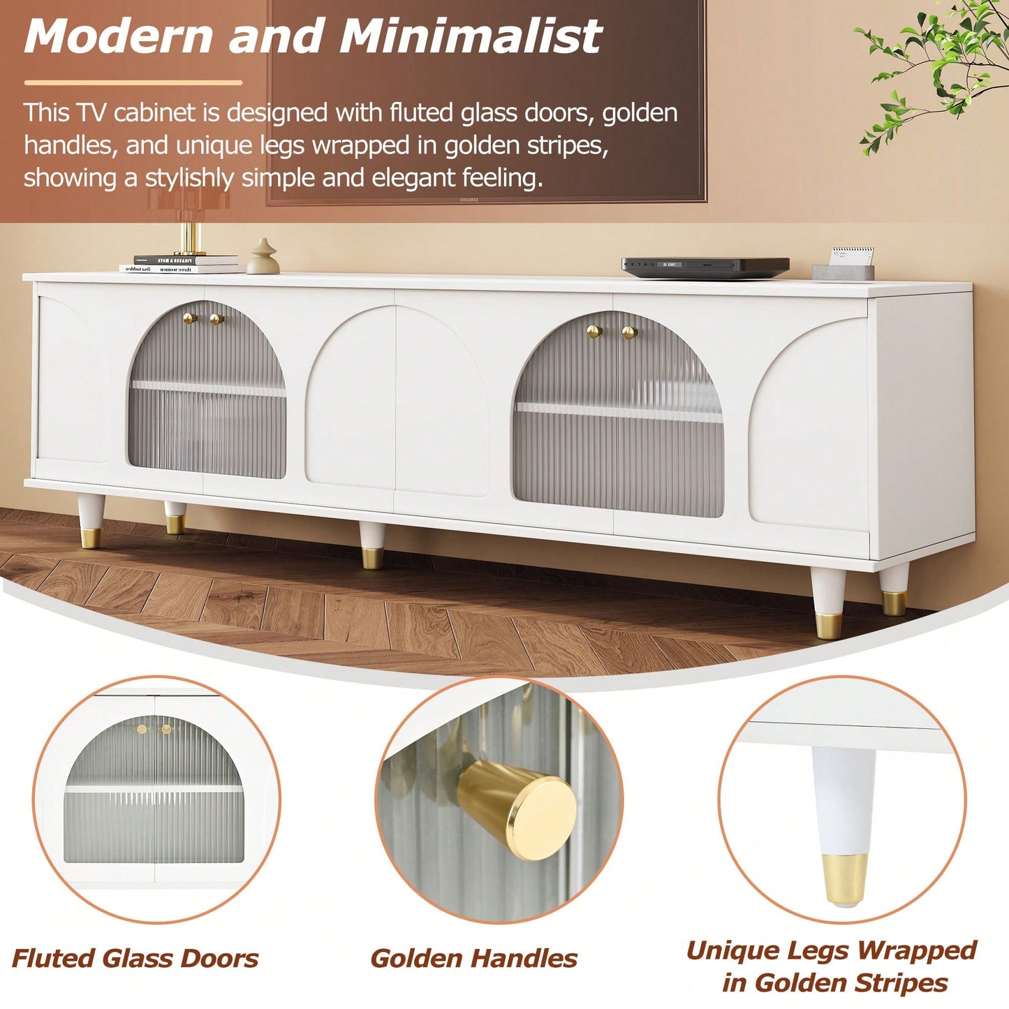 Contemporary White TV Stand for TVs Up to 78 Inches with Adjustable Shelves Gold Handles and Arch Fluted Glass Doors Elegant Media Console