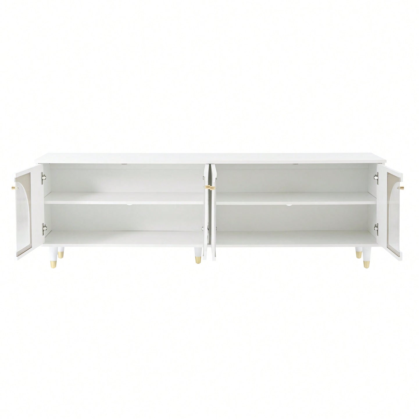 Contemporary White TV Stand for TVs Up to 78 Inches with Adjustable Shelves Gold Handles and Arch Fluted Glass Doors Elegant Media Console