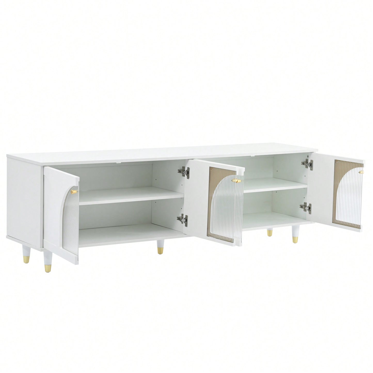 Contemporary White TV Stand for TVs Up to 78 Inches with Adjustable Shelves Gold Handles and Arch Fluted Glass Doors Elegant Media Console