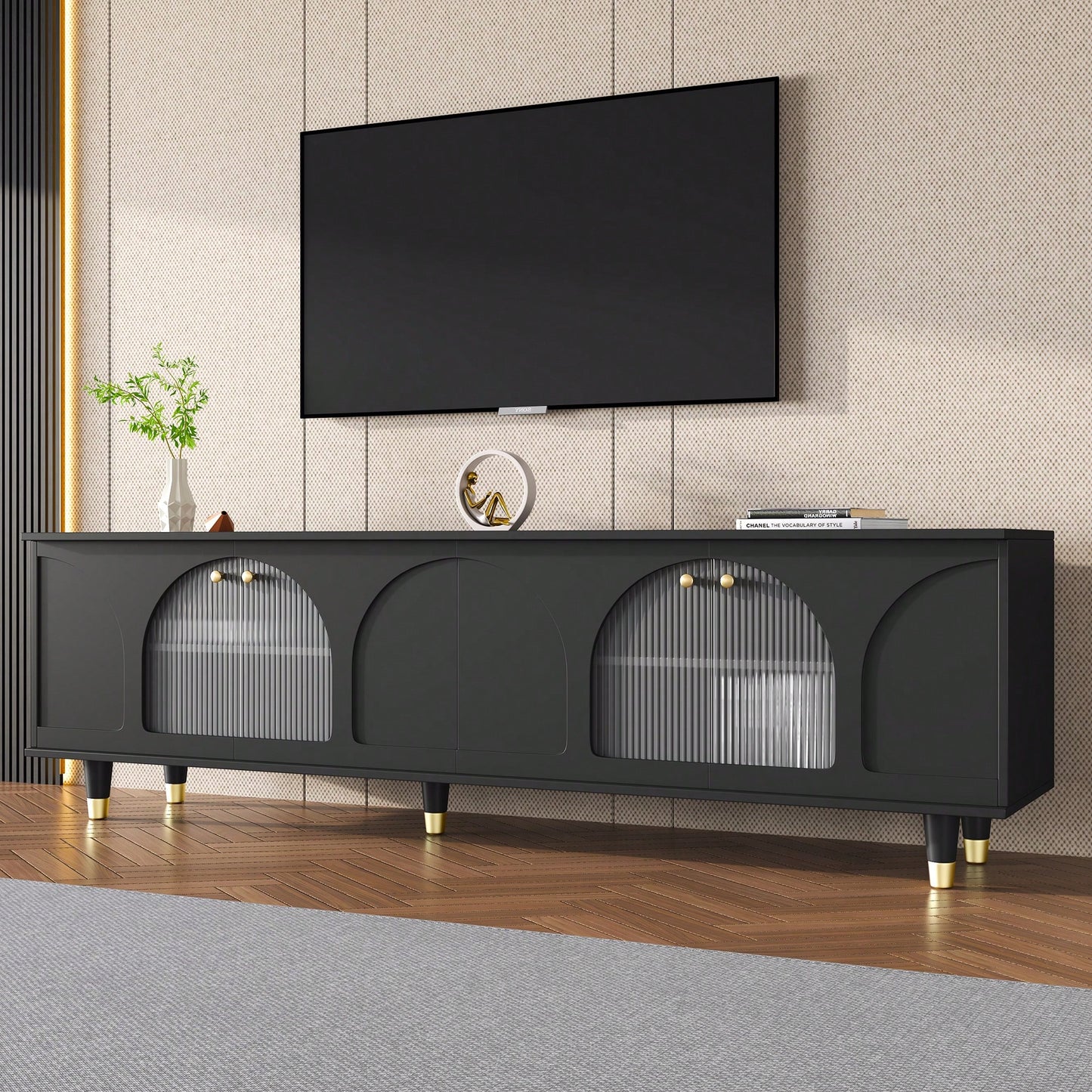Contemporary White TV Stand for TVs Up to 78 Inches with Adjustable Shelves Gold Handles and Arch Fluted Glass Doors Elegant Media Console